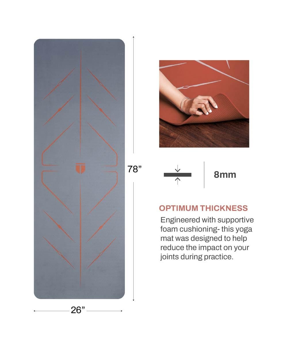 TEGO Core Yoga Mat (Grey Brick) | 8mm Ultra-Cushioned TPE Mat with Posture Reference Lines | Antimicrobial, Non-Slip, Lightweight & Portable with Carry Bag | Beginner-friendly Yoga Mat | 72/78 x 26” | Joint-Friendly Mat