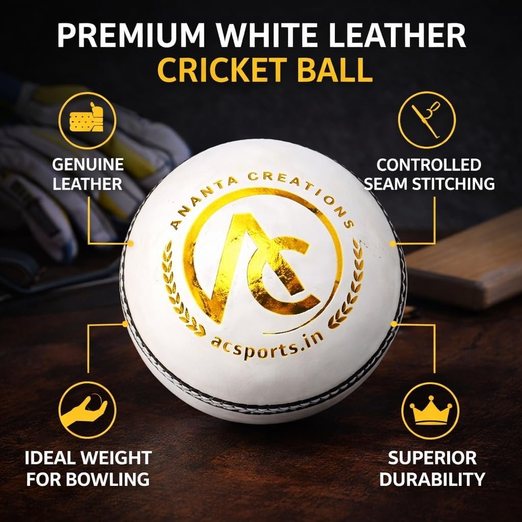 ANANYA CREATIONS Classic White 4 Piece Leather Cricket Ball – 40 Overs (Test) | Premium Hand Stitched | Durable for Test, ODI, T20 & Practice Matches | Swing & Seam Optimized | Premium Shine (1)