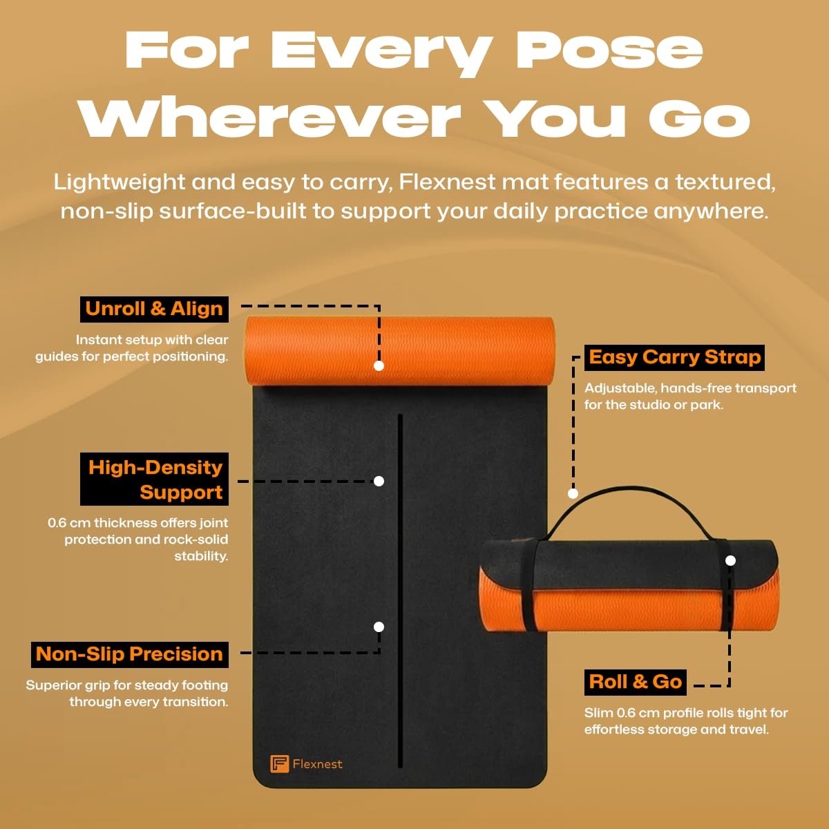 Flexnest Extra Thick TPE Material Yoga Mat for Men and Women, Thick Exercise Mat for Workout Yoga Fitness & High-Density Anti Tear Non-Slip, 6mm, Pack of 1, (Black and Orange)
