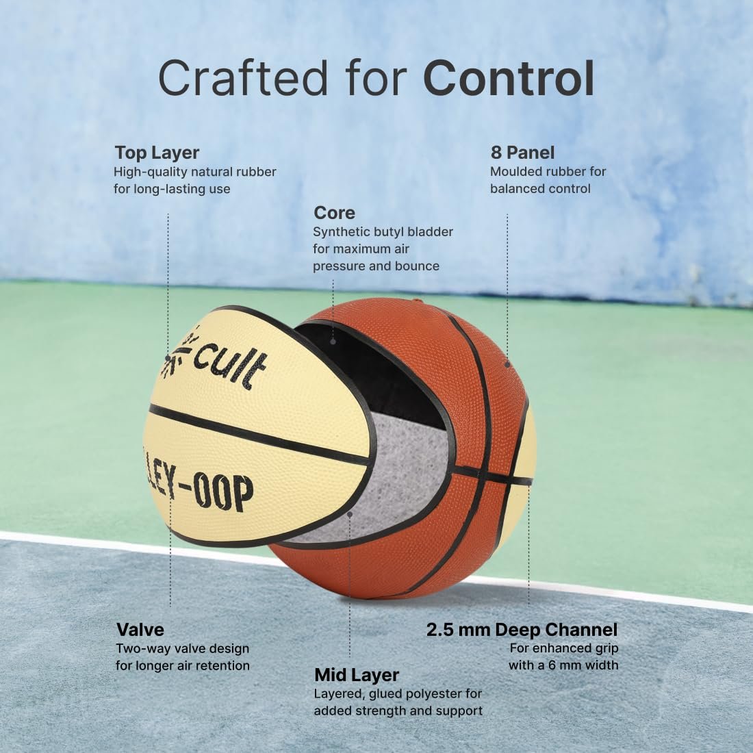 CULT Basketball Alley OOP Size 7 Indoor Outdoor Basketball for Men & Women Durable Rubber Grip Training & Match Play Ball with Butyl Bladder Brown Cream