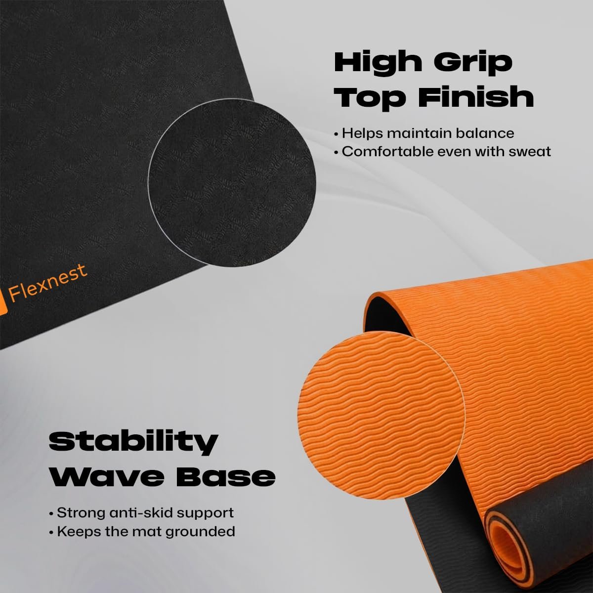 Flexnest Extra Thick TPE Material Yoga Mat for Men and Women, Thick Exercise Mat for Workout Yoga Fitness & High-Density Anti Tear Non-Slip, 6mm, Pack of 1, (Black and Orange)
