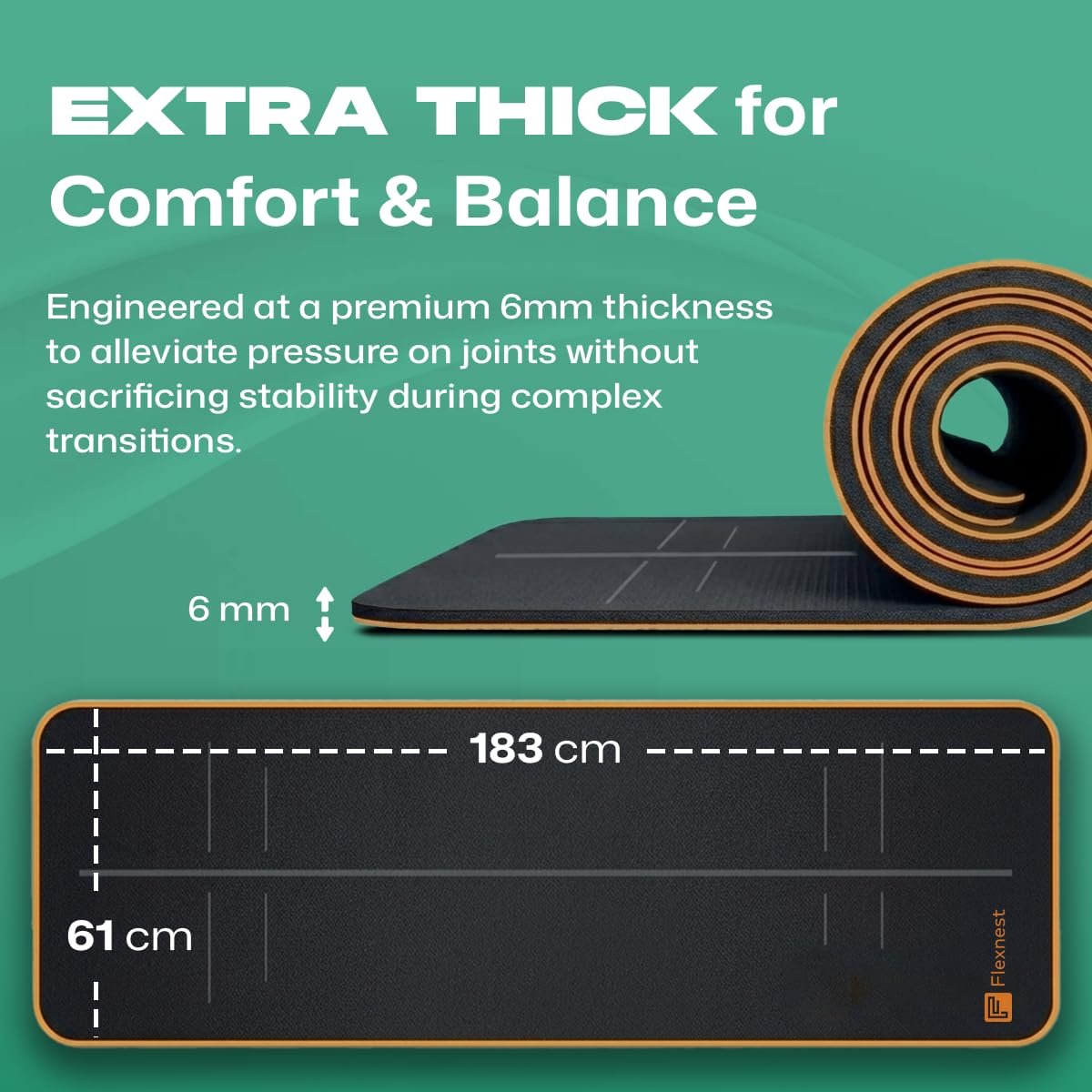Flexnest Extra Thick TPE Material Yoga Mat for Men and Women, Thick Exercise Mat for Workout Yoga Fitness & High-Density Anti Tear Non-Slip, 6mm, Pack of 1, (Black and Orange)