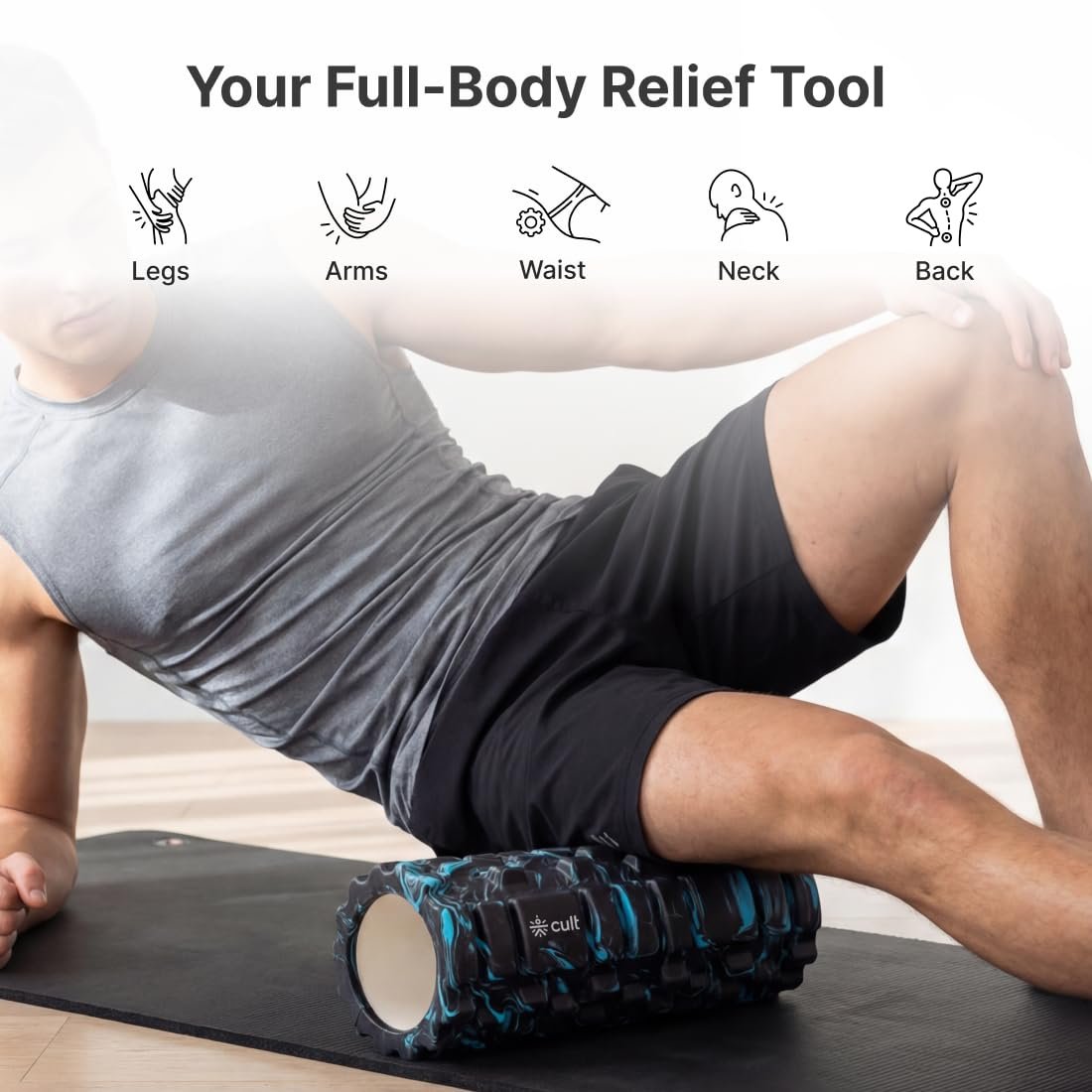 CULT Foam Roller for Back Pain & Deep Tissue Massage | High Density Body Massage Roller & Yoga Roller | 33cm Muscle Massager Equipment for Muscle Recovery & Stretching (Marble Blue)