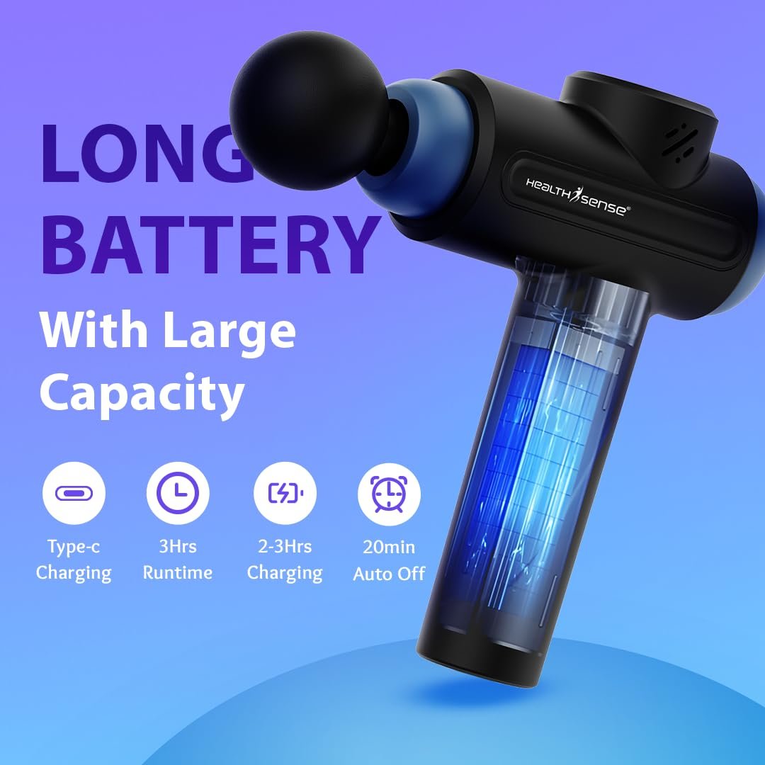 Healthsense Percussion Gun Massager machine for Full Body Pain Relief of Neck, Shoulder, Back, Arm & Foot for Men & Women | 3200 RPM Premium Deep Tissue Massage Gun with LCD Touch Screen | 4 Removable Heads | 30 Speed Levels | Lightweight with Non-Slip Ha