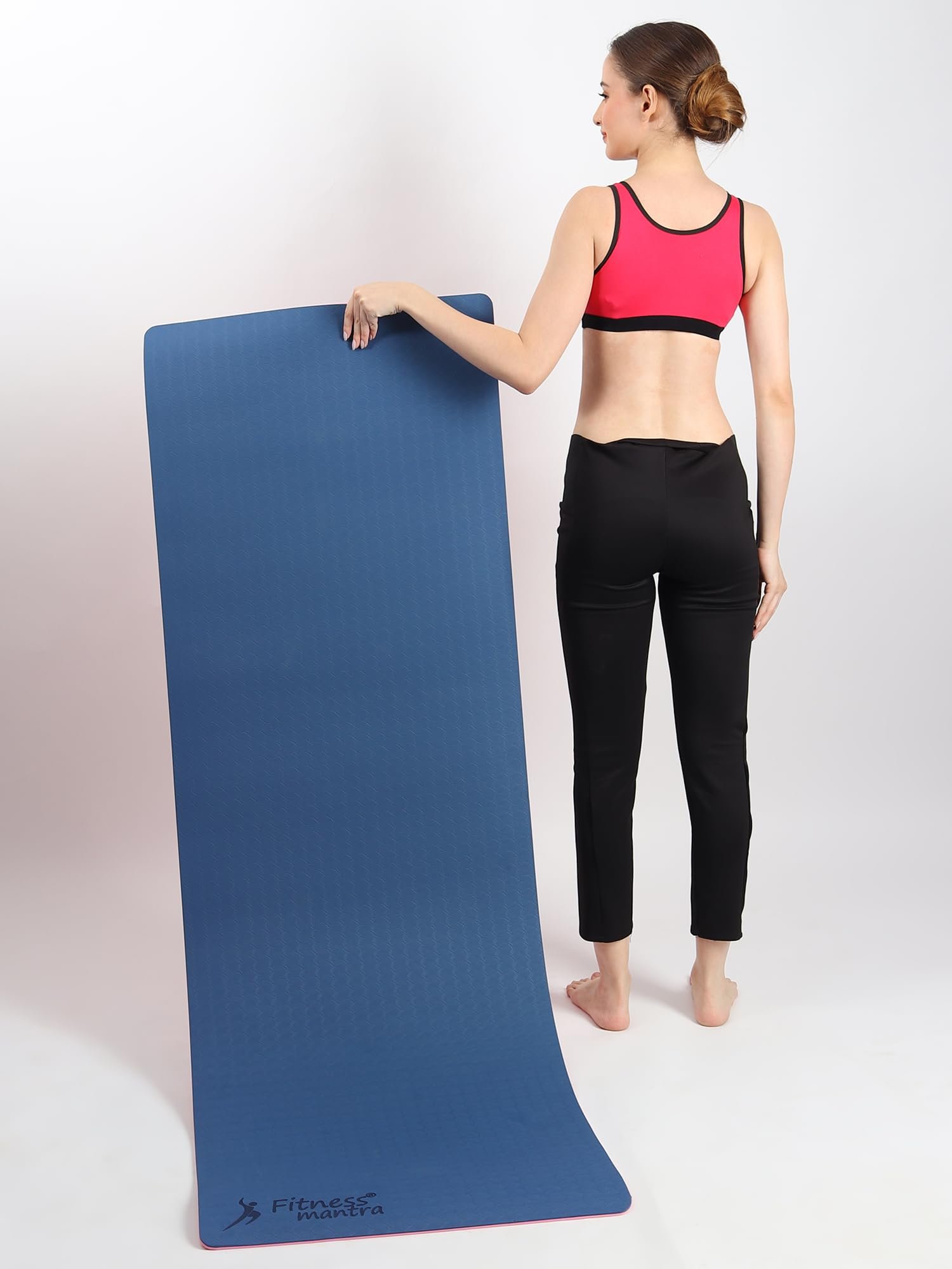 Fitness Mantra® TPE Dual Color Anti-Slip Yoga Mat with Cover Bag for Gym Workout and Yoga Exercise for Men & Women Fitness| 1 Piece| 6mm| 24"x72"| Dual Color| Premium| Navy + Pink|