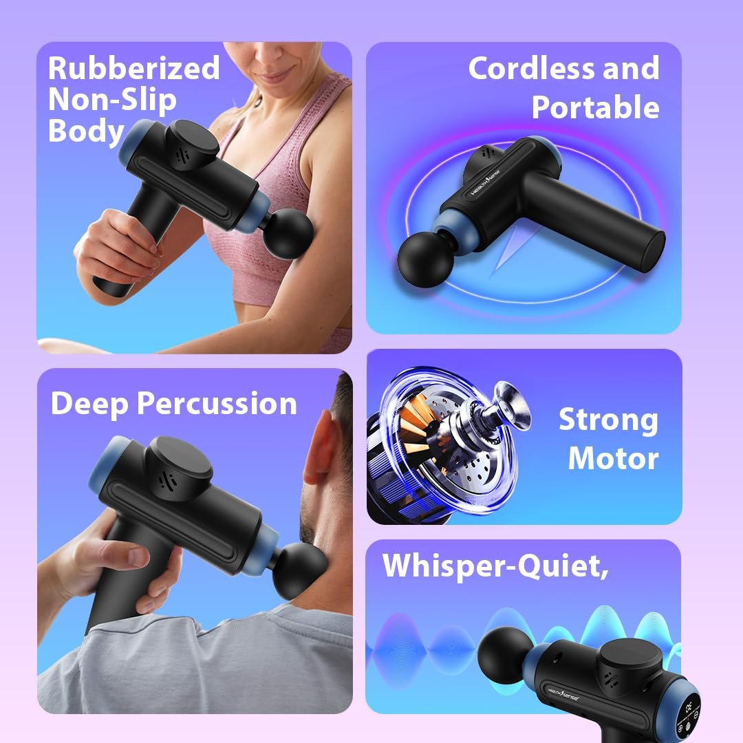 Healthsense Percussion Gun Massager machine for Full Body Pain Relief of Neck, Shoulder, Back, Arm & Foot for Men & Women | 3200 RPM Premium Deep Tissue Massage Gun with LCD Touch Screen | 4 Removable Heads | 30 Speed Levels | Lightweight with Non-Slip Ha