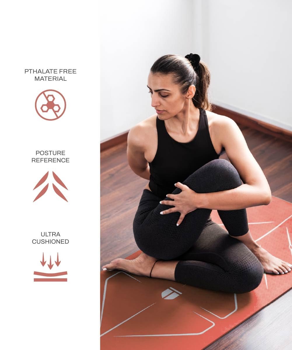 TEGO Core Yoga Mat (Grey Brick) | 8mm Ultra-Cushioned TPE Mat with Posture Reference Lines | Antimicrobial, Non-Slip, Lightweight & Portable with Carry Bag | Beginner-friendly Yoga Mat | 72/78 x 26” | Joint-Friendly Mat