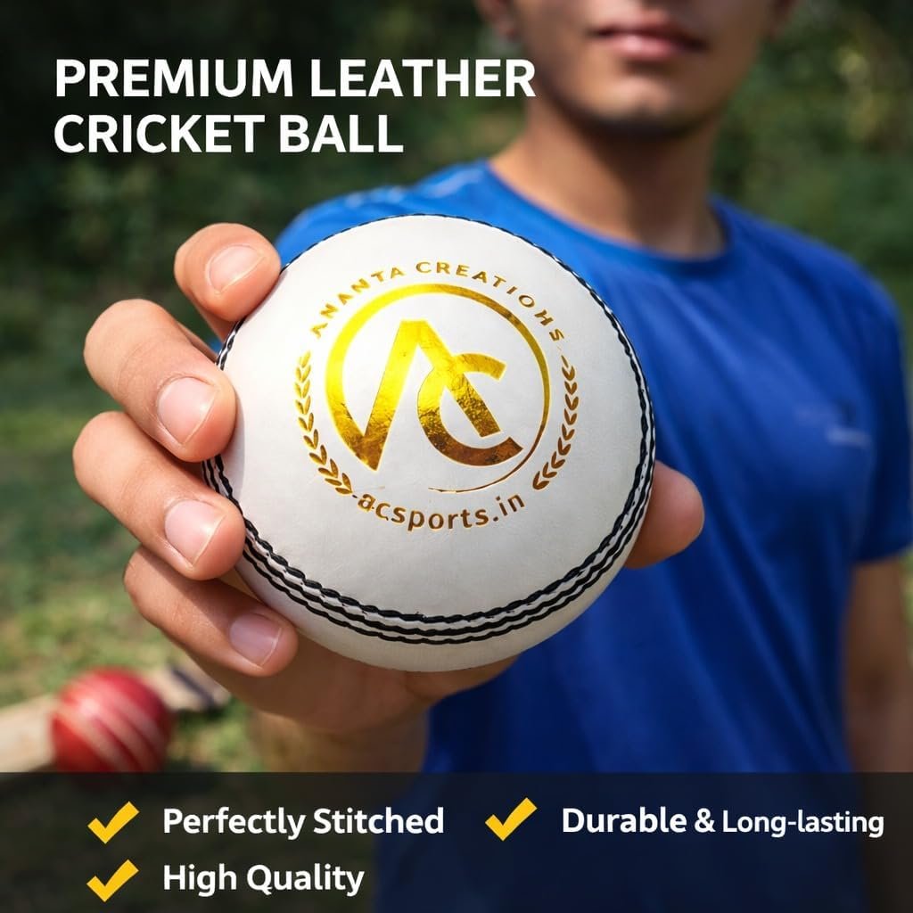 ANANYA CREATIONS Classic White 4 Piece Leather Cricket Ball – 40 Overs (Test) | Premium Hand Stitched | Durable for Test, ODI, T20 & Practice Matches | Swing & Seam Optimized | Premium Shine (1)