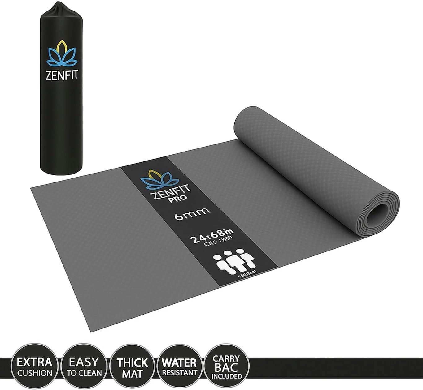 Zenfit Pro Yoga Mat for Women & Men | High Density TPE Yoga Mat with 6mm Cushion | Non-Toxic, Sweat-Resistant & Double Sided Anti-Slip Exercise Mat | Lightweight & Portable with Carry Bag (Grey)