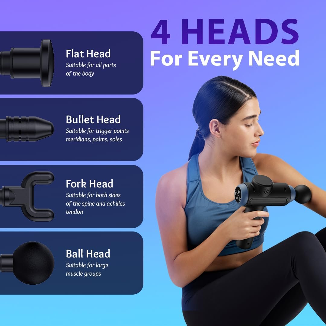 Healthsense Percussion Gun Massager machine for Full Body Pain Relief of Neck, Shoulder, Back, Arm & Foot for Men & Women | 3200 RPM Premium Deep Tissue Massage Gun with LCD Touch Screen | 4 Removable Heads | 30 Speed Levels | Lightweight with Non-Slip Ha
