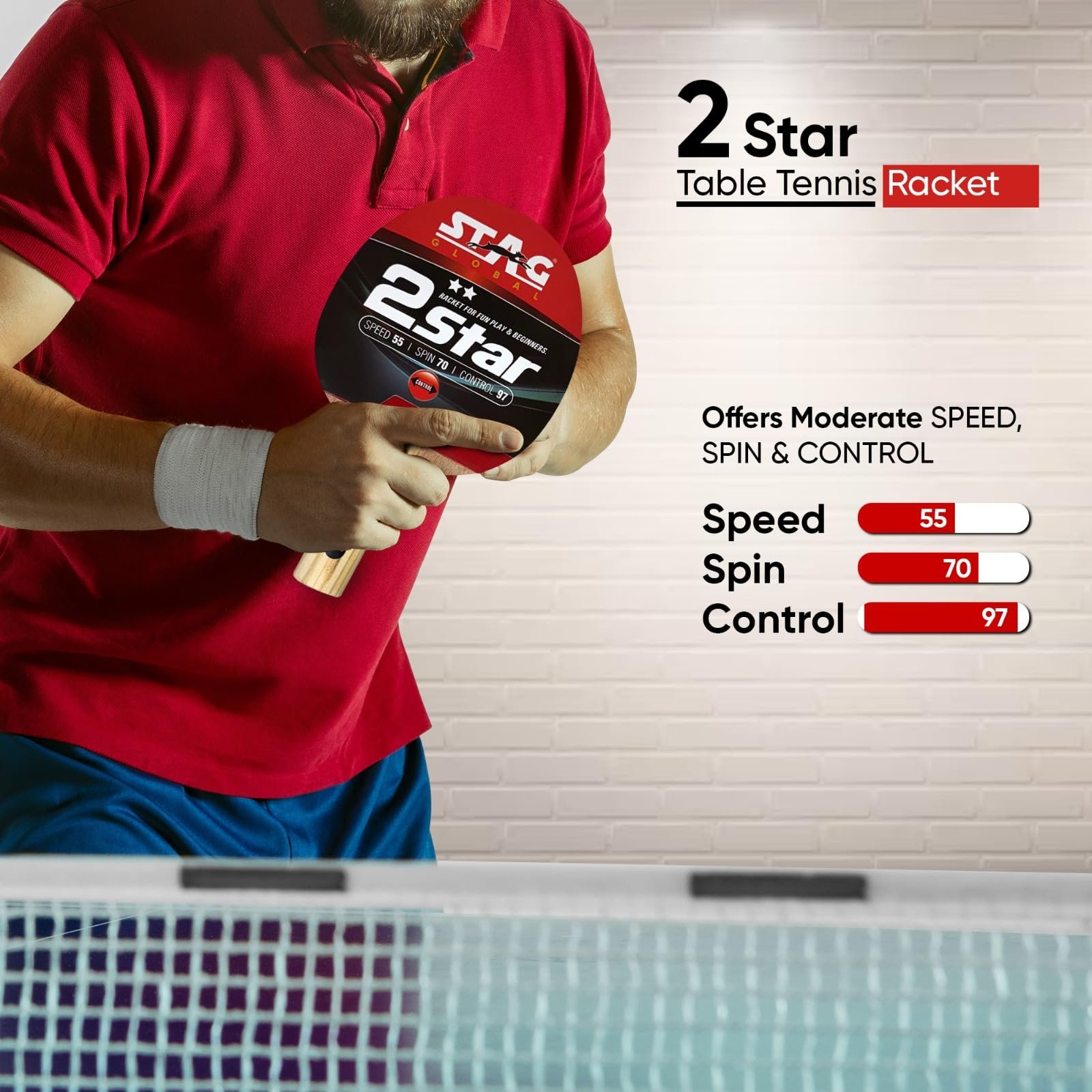 STAG GLOBAL 2 Star Table Tennis Racket | Speed 55, Spin 70, Control 95 | TTFI Approved Rubber | Wood Blade with Lightweight 200g | Straight Handle Beginner-Friendly Paddle
