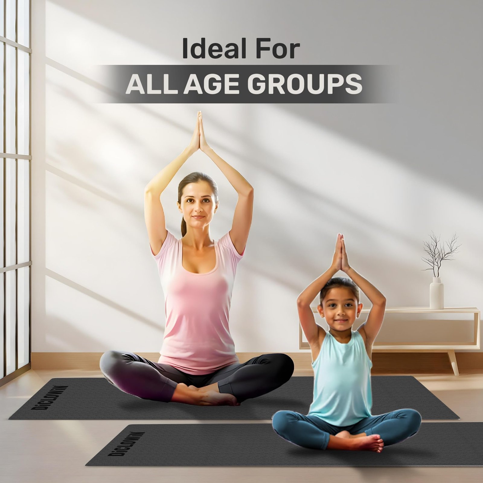 DiCLOWiN Yoga Mat | 6mm, Anti Slip, Extra Grip | Storage Strap Included | Exercise, Stretch, Rest & Yoga for Men, Women, Children, Elderly (Black)