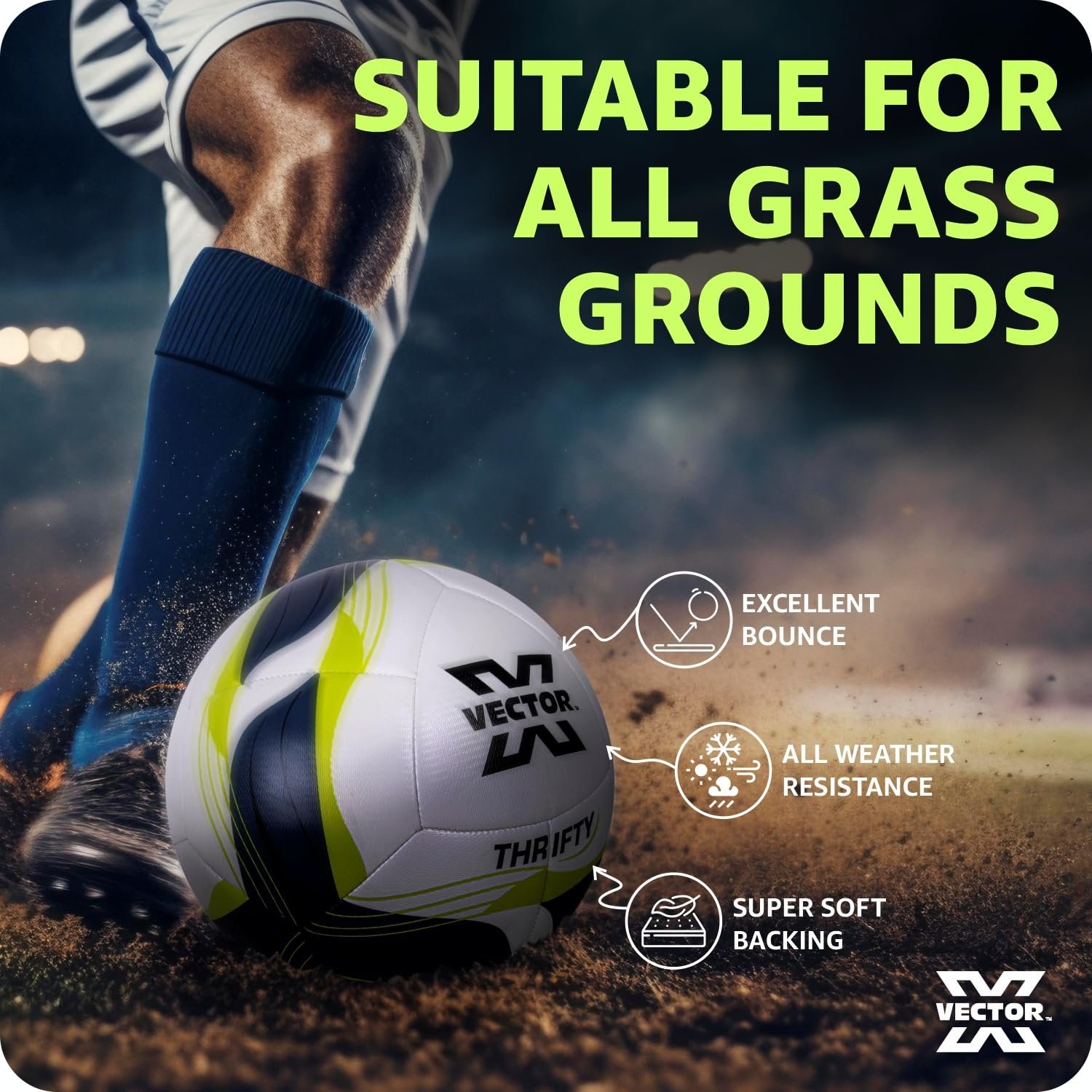 Vector X Thrifty Textured TPU Machine Stitched Football/Suitable for Soft & Wet Ground, Hard Ground with Grass & Artifical Turf, Training Match Ball, Size: 5 (Pack of 1) White-Green