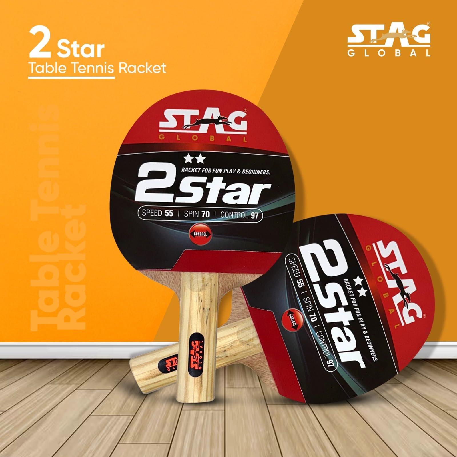STAG GLOBAL 2 Star Table Tennis Racket | Speed 55, Spin 70, Control 95 | TTFI Approved Rubber | Wood Blade with Lightweight 200g | Straight Handle Beginner-Friendly Paddle