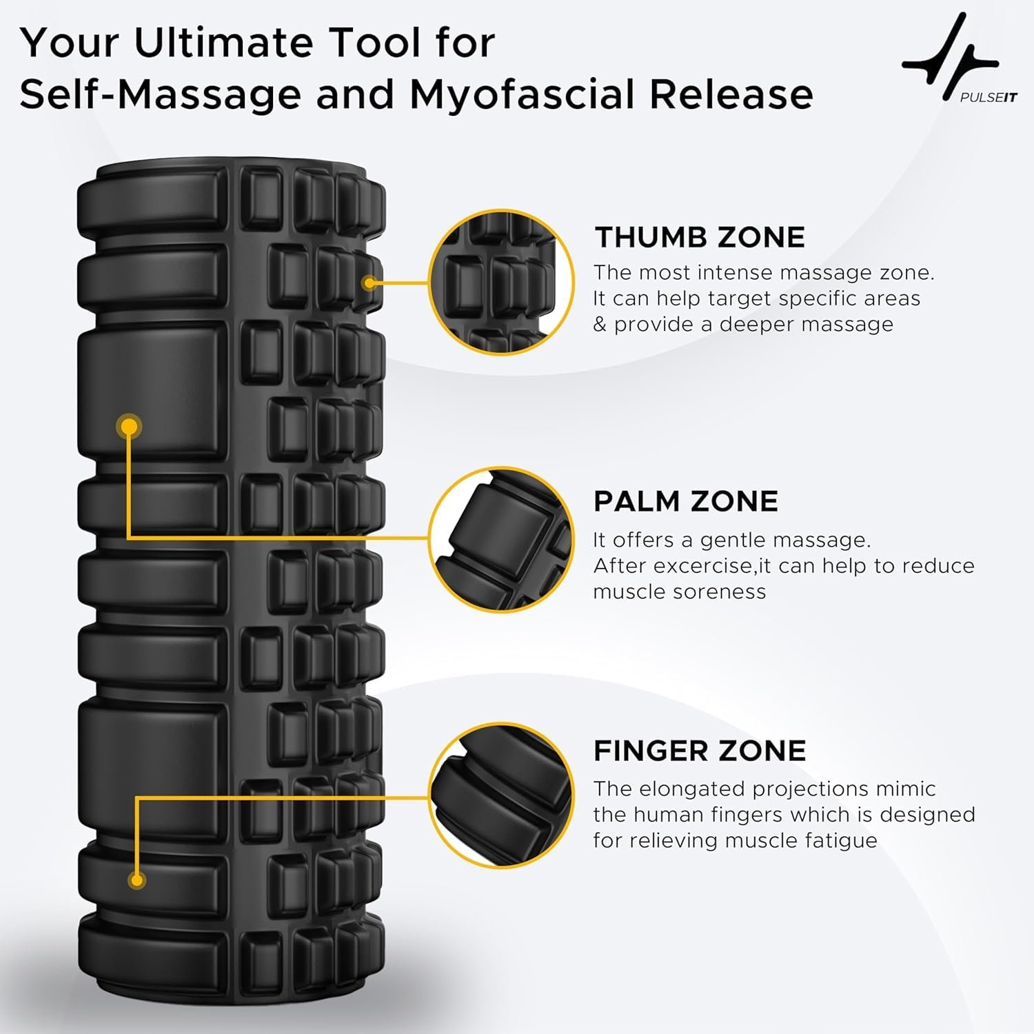 PulseITRoll 33cm Foam Roller for Deep Tissue Massager, High Density Exercise Patented Roller for Muscle Massage and Myofascial Trigger Point Release Back Roller for Fitness, Yoga and Pilates (33CM)