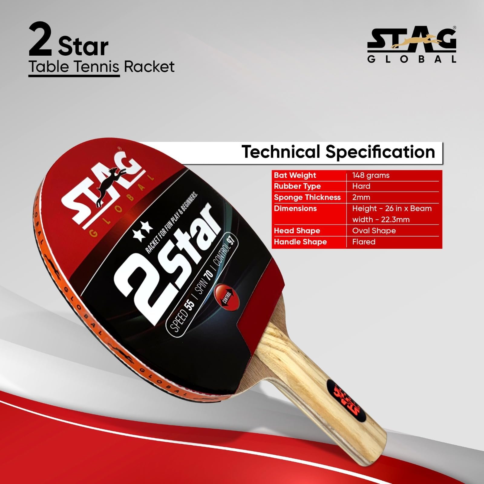 STAG GLOBAL 2 Star Table Tennis Racket | Speed 55, Spin 70, Control 95 | TTFI Approved Rubber | Wood Blade with Lightweight 200g | Straight Handle Beginner-Friendly Paddle