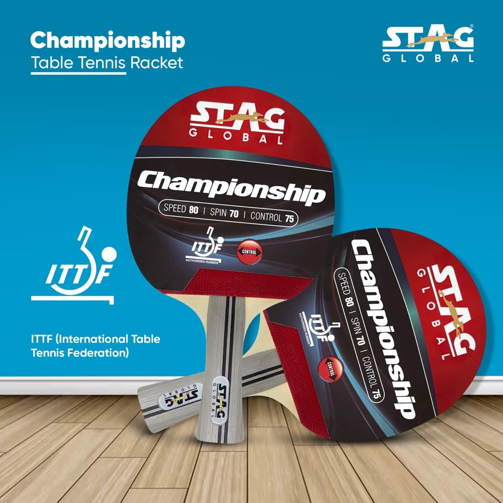 STAG GLOBAL Championship ITTF Approved Table Tennis Racket - Speed 80, Spin 70, Control 75 | Wood Blade with Flared Handle – Perfect for Beginner Training, School Tournaments (Championship)