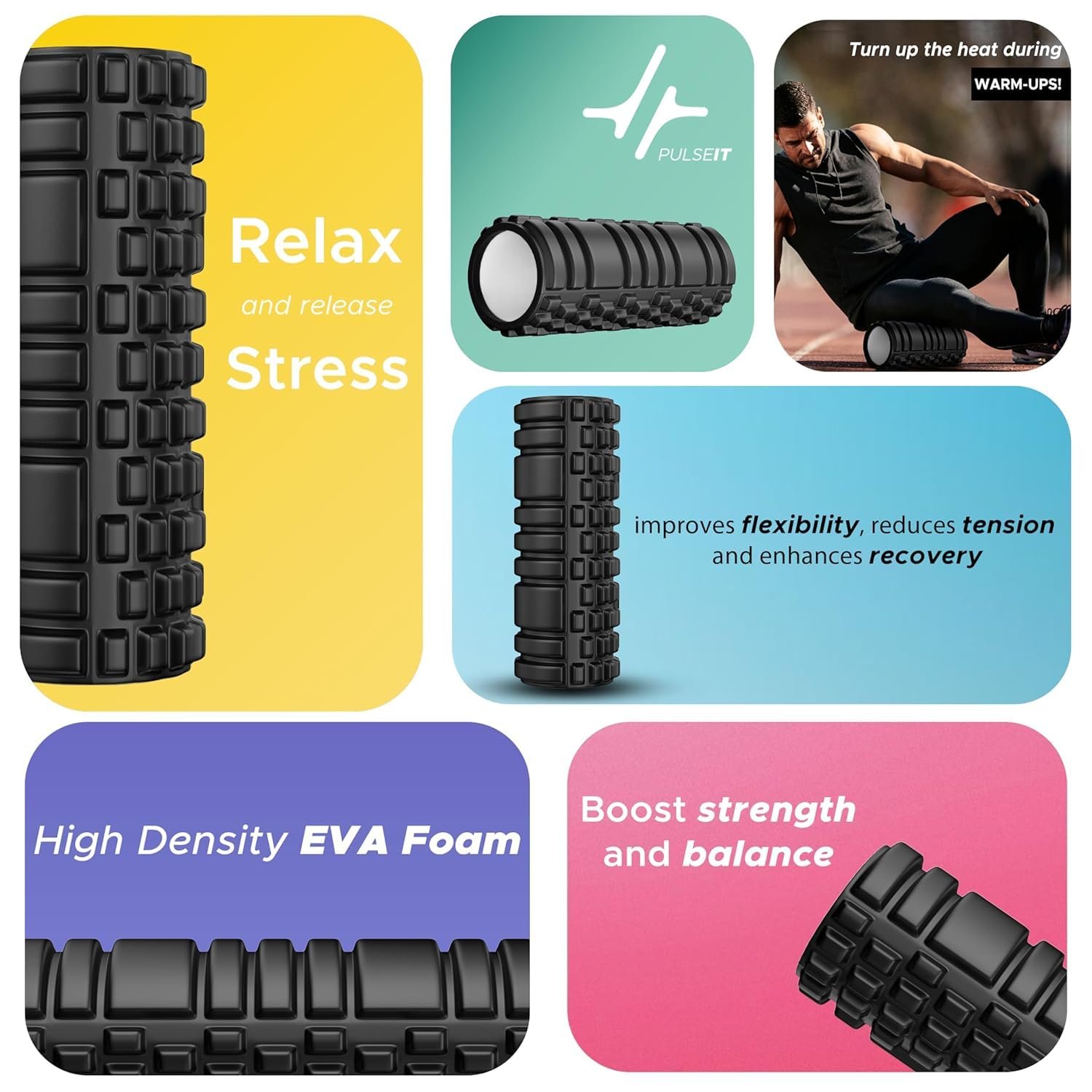 PulseITRoll 33cm Foam Roller for Deep Tissue Massager, High Density Exercise Patented Roller for Muscle Massage and Myofascial Trigger Point Release Back Roller for Fitness, Yoga and Pilates (33CM)