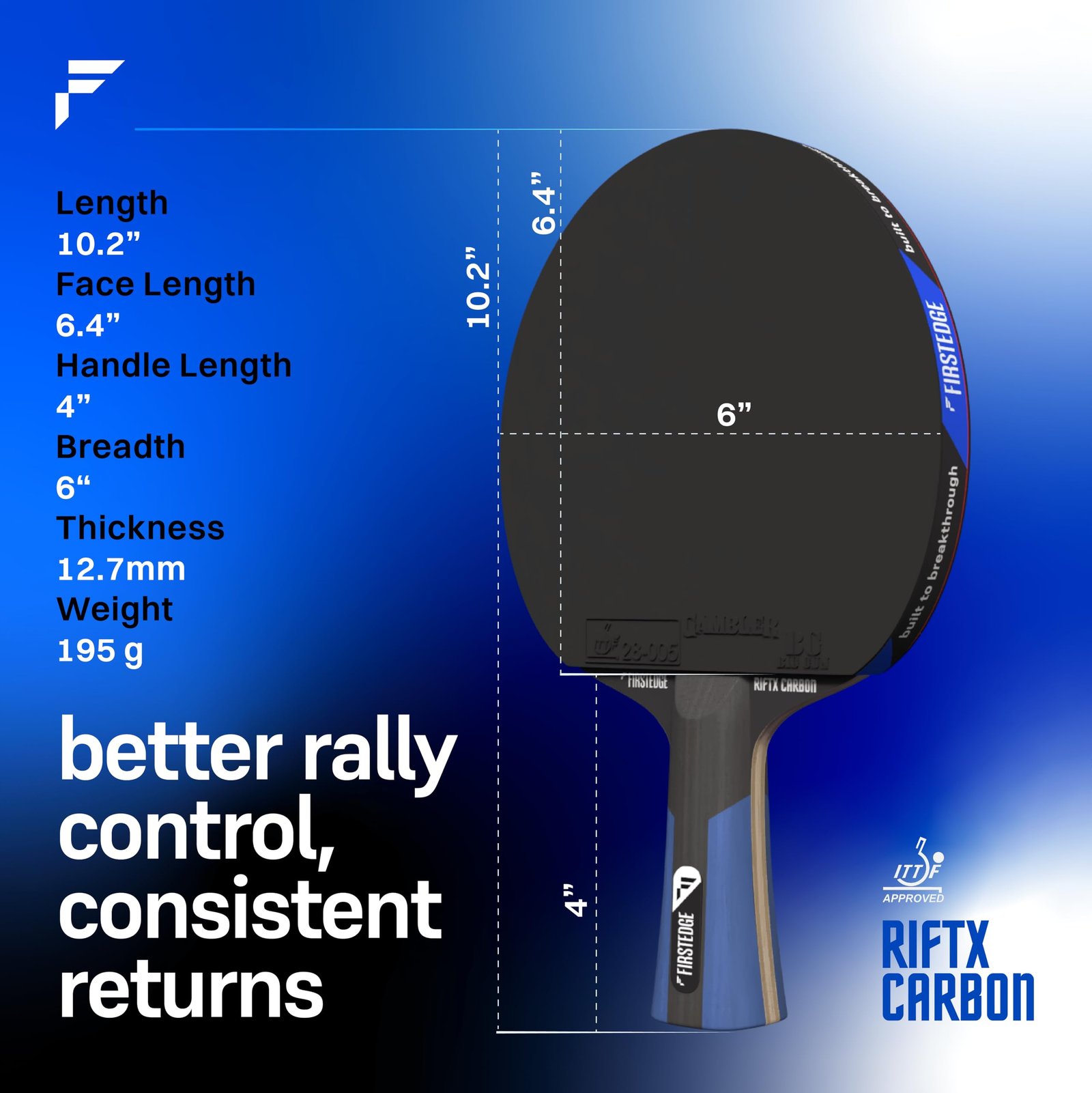 FirstEdge RiftX Carbon ITTF Approved Table Tennis Racquet | Russian Basswood Blade with Carbon Layers & Kiri Core | Ergonomic Handle TT Bat | Controlled Attack + Spin Rubber | Table Tennis Racket
