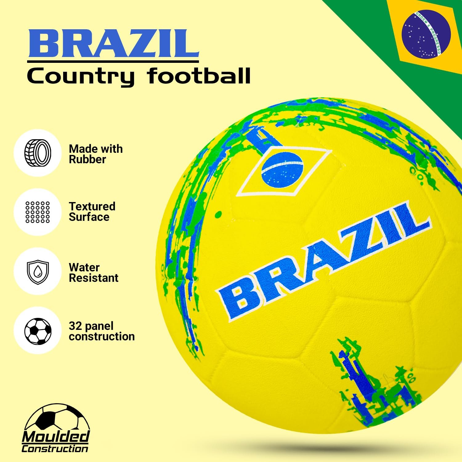 Synco Brazil Country Football Size 5, Rubber Molded Soccer Ball for Training & Practice, Durable Football for Beginners, Indoor Outdoor & All Surface Play