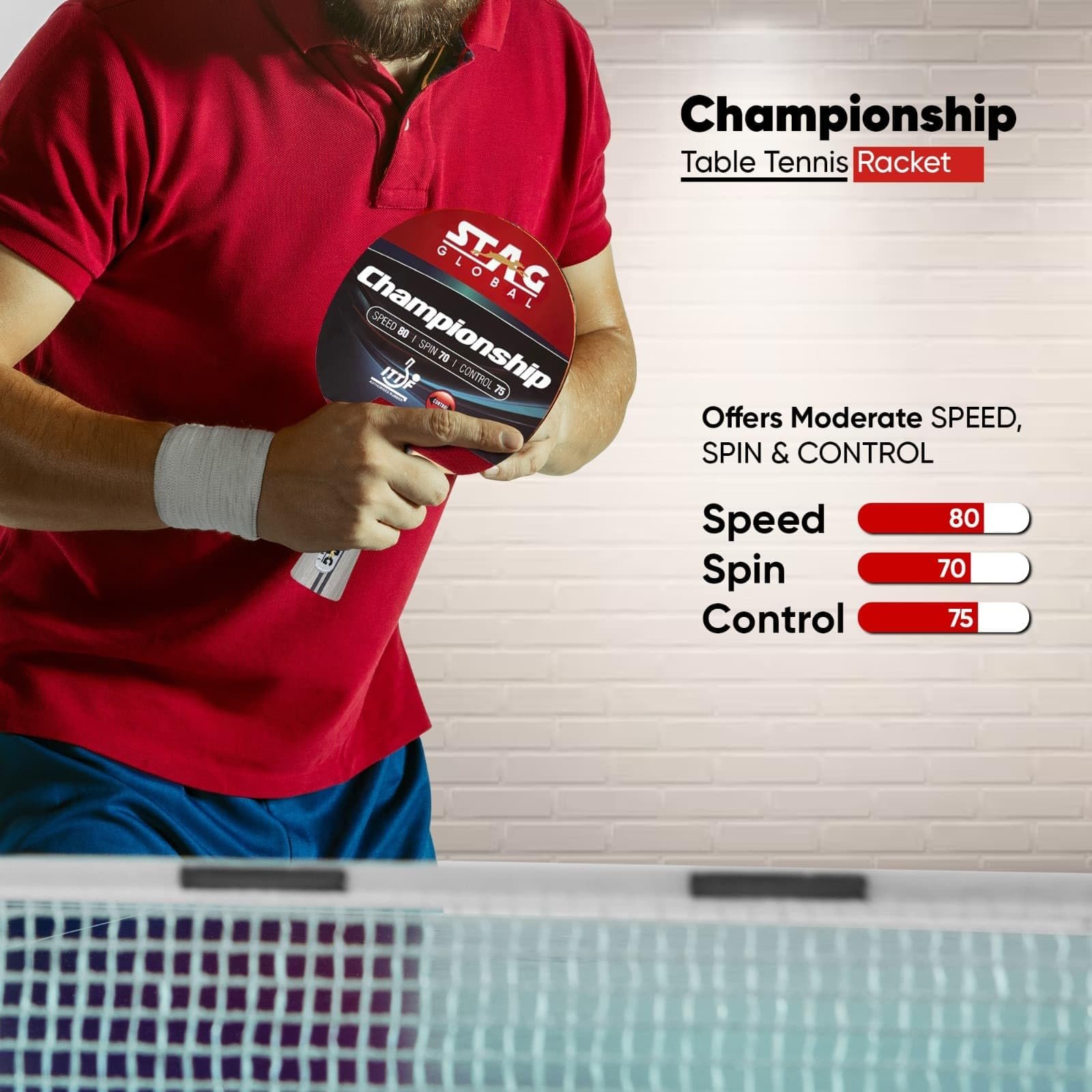 STAG GLOBAL Championship ITTF Approved Table Tennis Racket - Speed 80, Spin 70, Control 75 | Wood Blade with Flared Handle – Perfect for Beginner Training, School Tournaments (Championship)