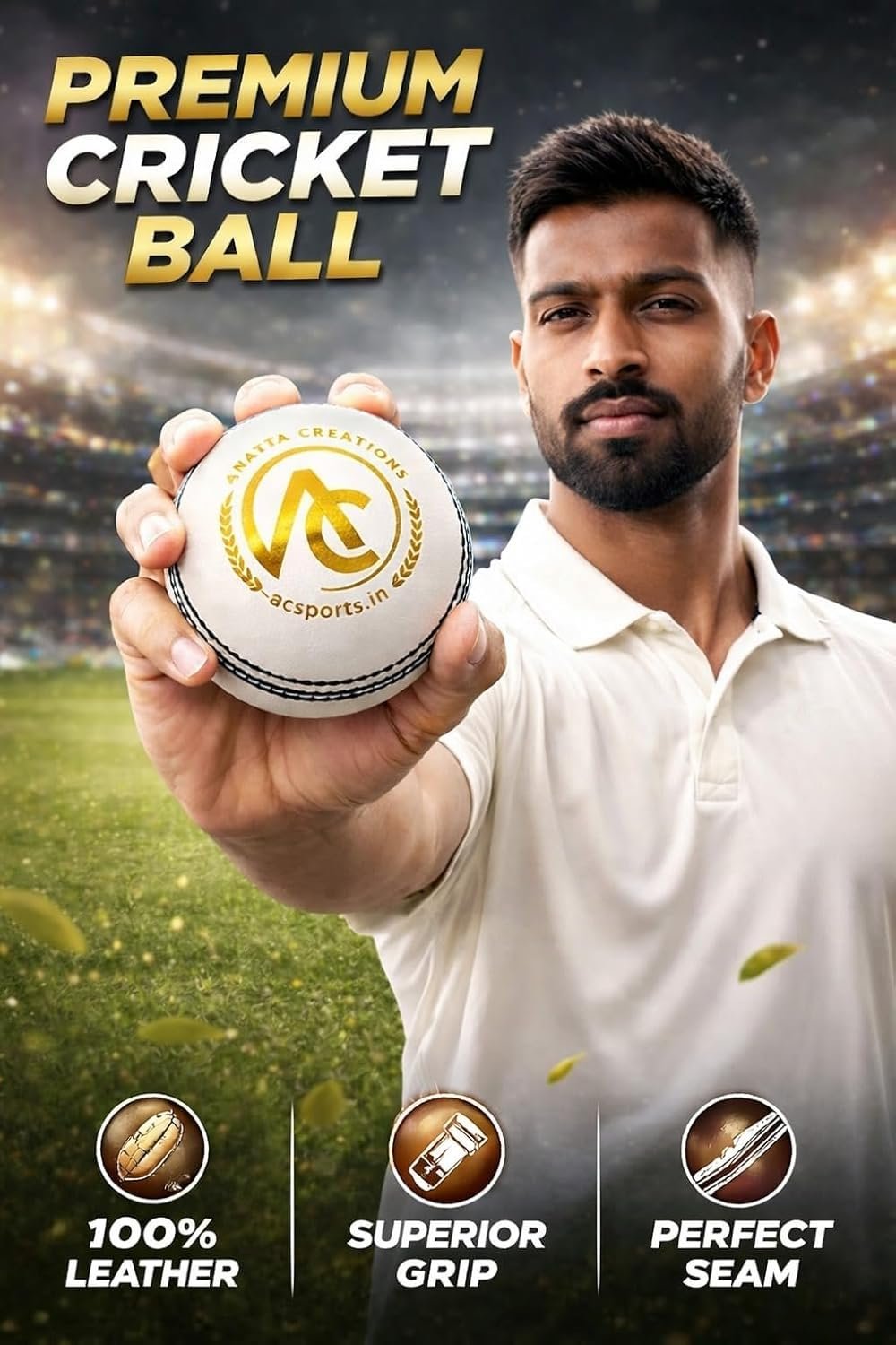 ANANYA CREATIONS Classic White 4 Piece Leather Cricket Ball – 40 Overs (Test) | Premium Hand Stitched | Durable for Test, ODI, T20 & Practice Matches | Swing & Seam Optimized | Premium Shine (1)