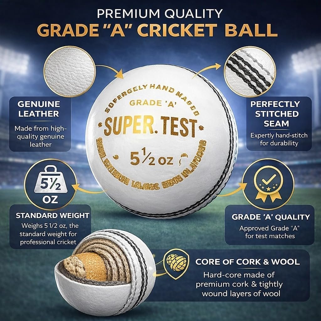 ANANYA CREATIONS Classic White 4 Piece Leather Cricket Ball –60 Overs (Super Test) | Premium Hand Stitched | Durable for Test, ODI, T20 & Practice Matches | Swing & Seam Optimized | Premium Shine (4)