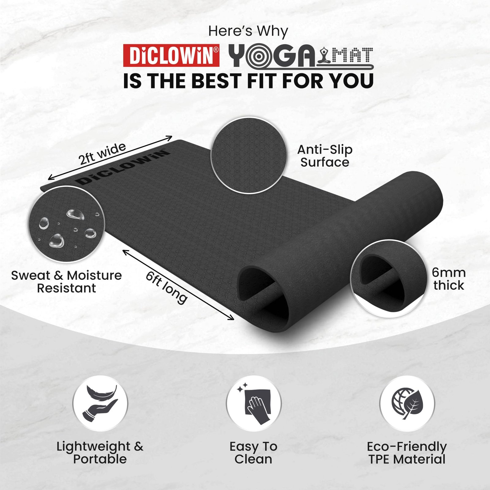 DiCLOWiN Yoga Mat | 6mm, Anti Slip, Extra Grip | Storage Strap Included | Exercise, Stretch, Rest & Yoga for Men, Women, Children, Elderly (Black)
