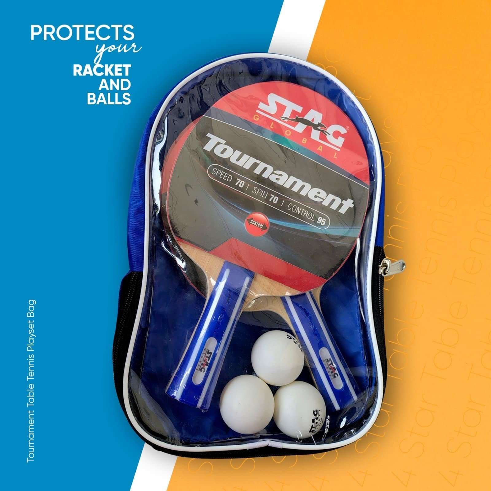 STAG GLOBAL Tournament Table Tennis Play Set | TTFI Approved | Speed 70, Spin 70, Control 95 | Flared Grip Racket Set for Hobby | Includes 2 Racquets, 3 Balls and Cover (Tournament PLAYSET)
