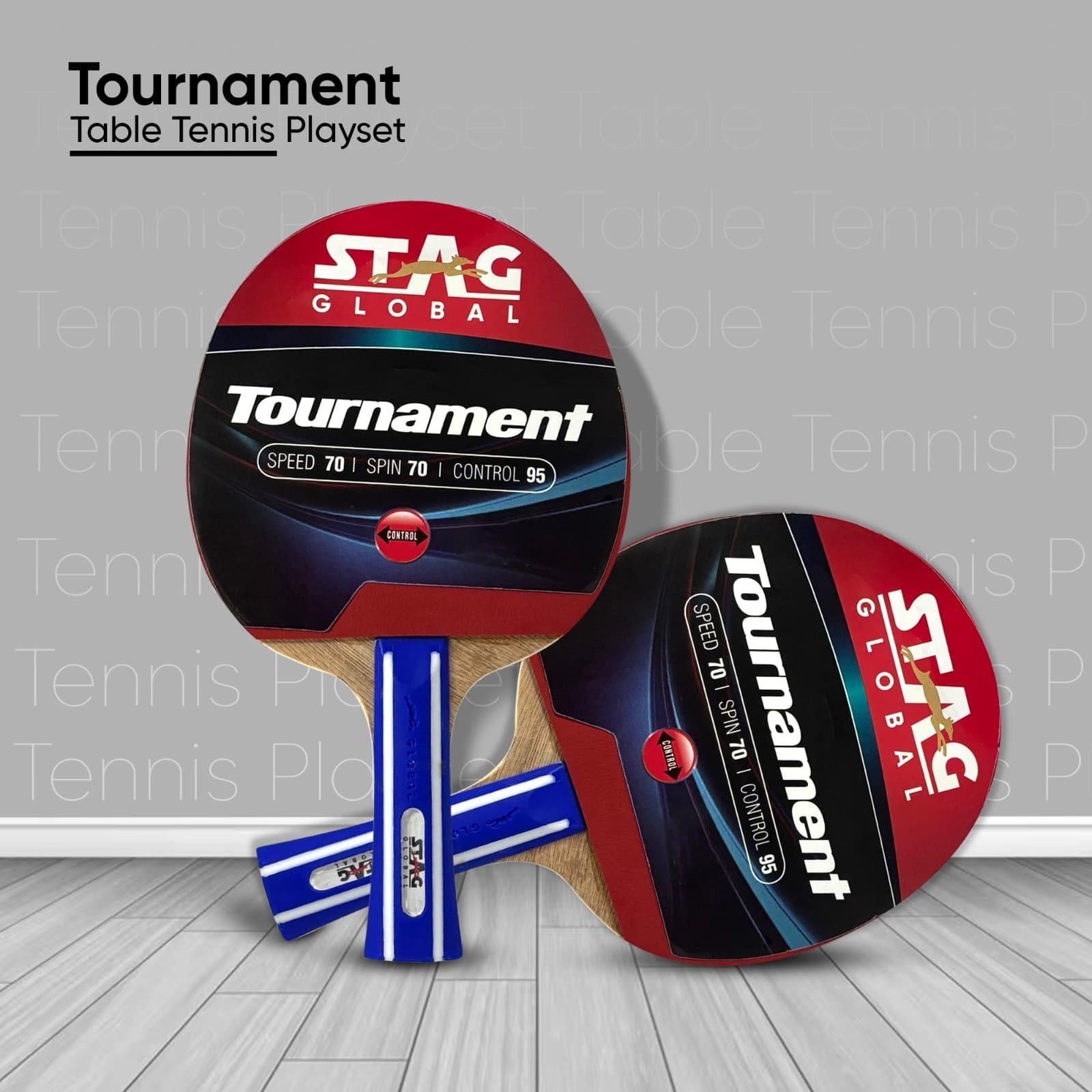 STAG GLOBAL Tournament Table Tennis Play Set | TTFI Approved | Speed 70, Spin 70, Control 95 | Flared Grip Racket Set for Hobby | Includes 2 Racquets, 3 Balls and Cover (Tournament PLAYSET)