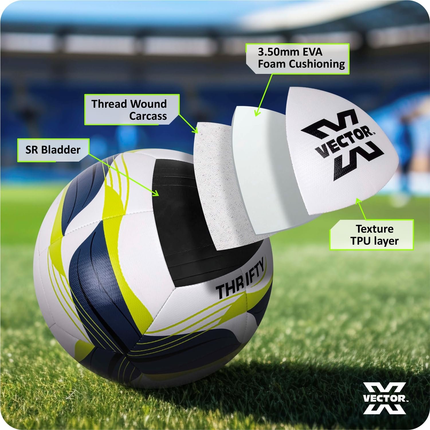 Vector X Thrifty Textured TPU Machine Stitched Football/Suitable for Soft & Wet Ground, Hard Ground with Grass & Artifical Turf, Training Match Ball, Size: 5 (Pack of 1) White-Green