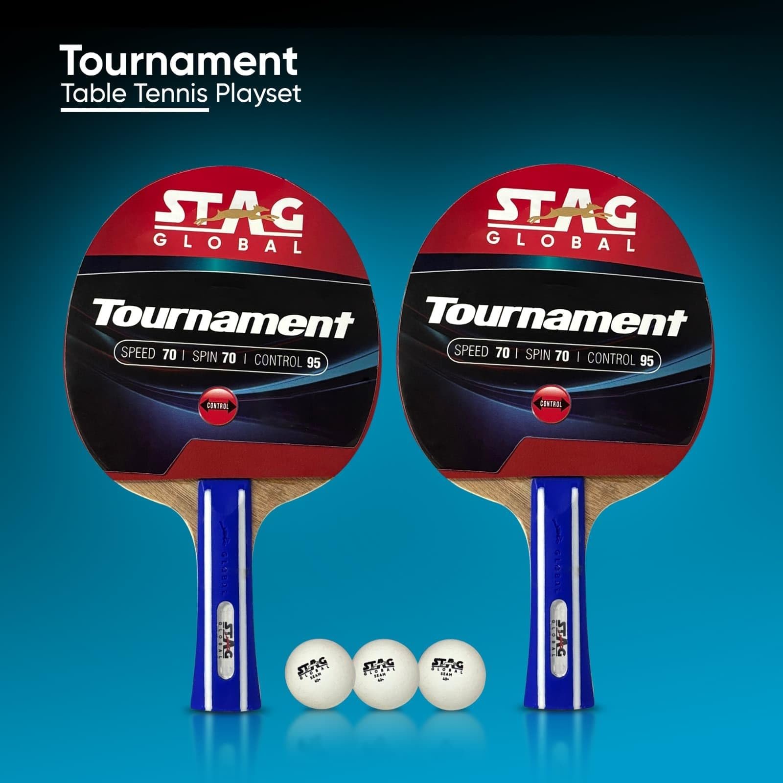 STAG GLOBAL Tournament Table Tennis Play Set | TTFI Approved | Speed 70, Spin 70, Control 95 | Flared Grip Racket Set for Hobby | Includes 2 Racquets, 3 Balls and Cover (Tournament PLAYSET)