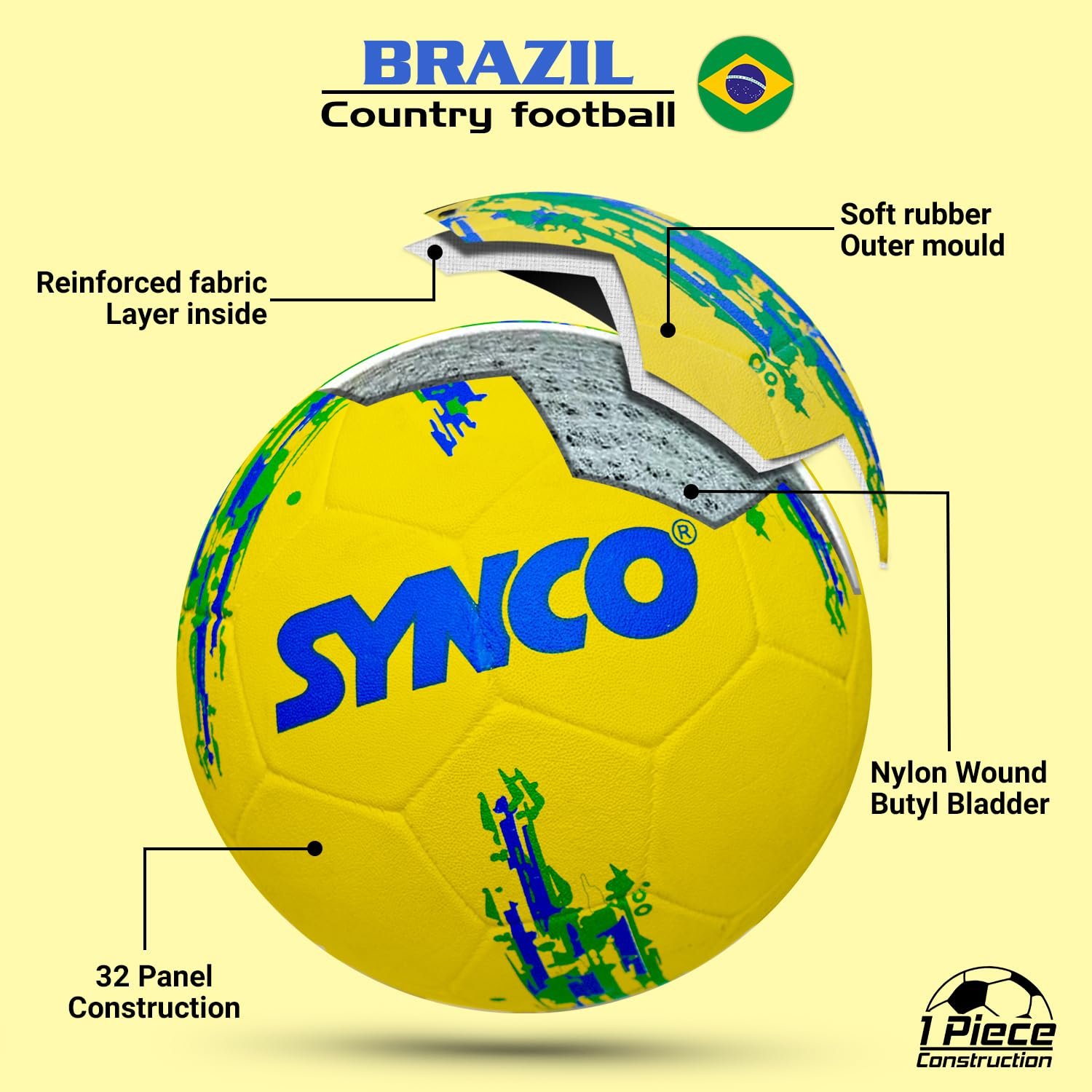 Synco Brazil Country Football Size 5, Rubber Molded Soccer Ball for Training & Practice, Durable Football for Beginners, Indoor Outdoor & All Surface Play