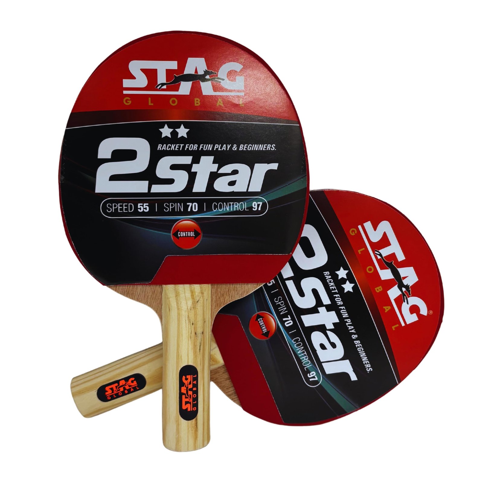 STAG GLOBAL 2 Star Table Tennis Racket | Speed 55, Spin 70, Control 95 | TTFI Approved Rubber | Wood Blade with Lightweight 200g | Straight Handle Beginner-Friendly Paddle