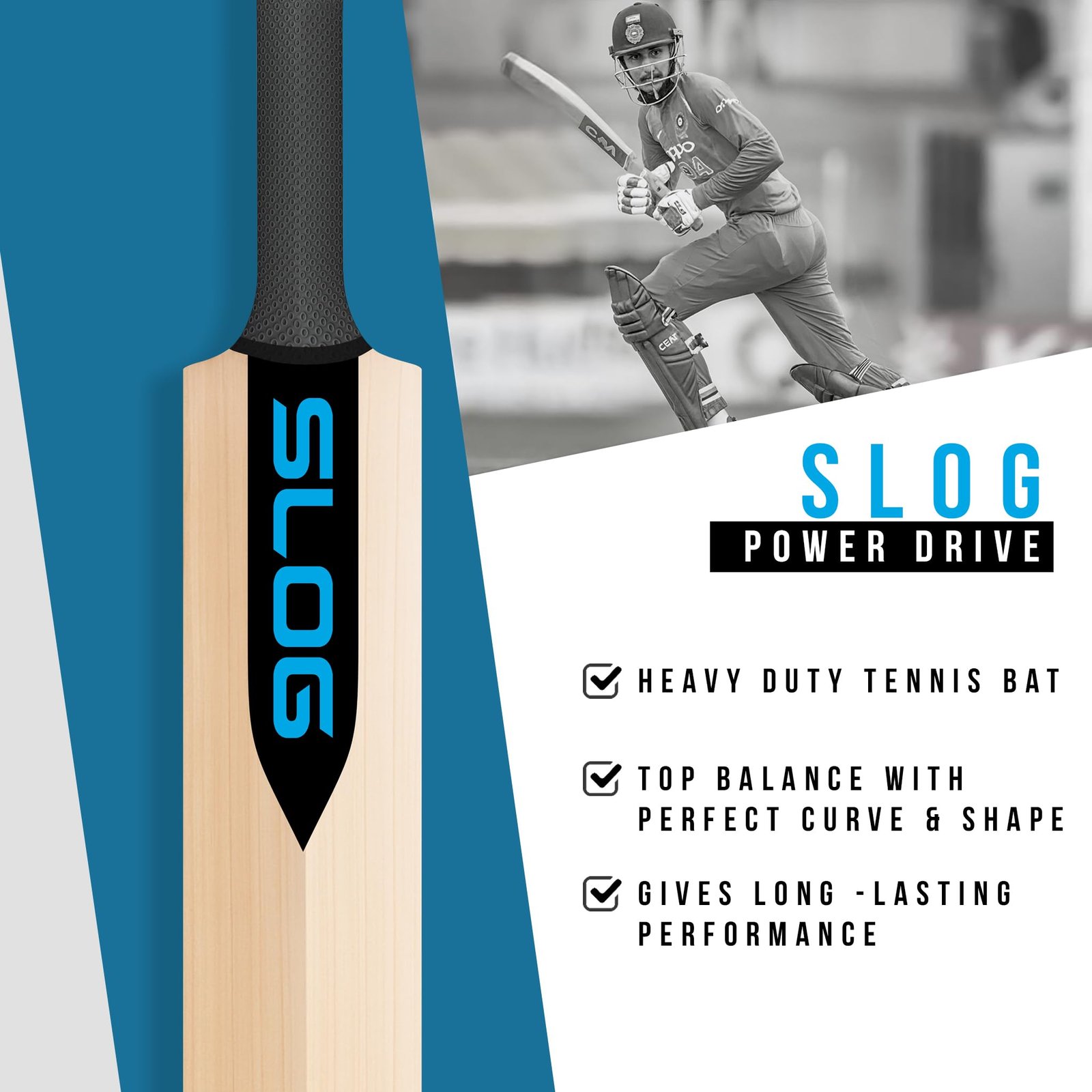 Jaspo Slog Power Drive Tennis-Wind Ball Cricket Bat Full Size, Poplar Willow Blade, Handle-Lightweight 1000-1050g, Shock-Absorbable Design | Toe Guard | Ideal for Indoor/Outdoor, Gully & Box Cricket