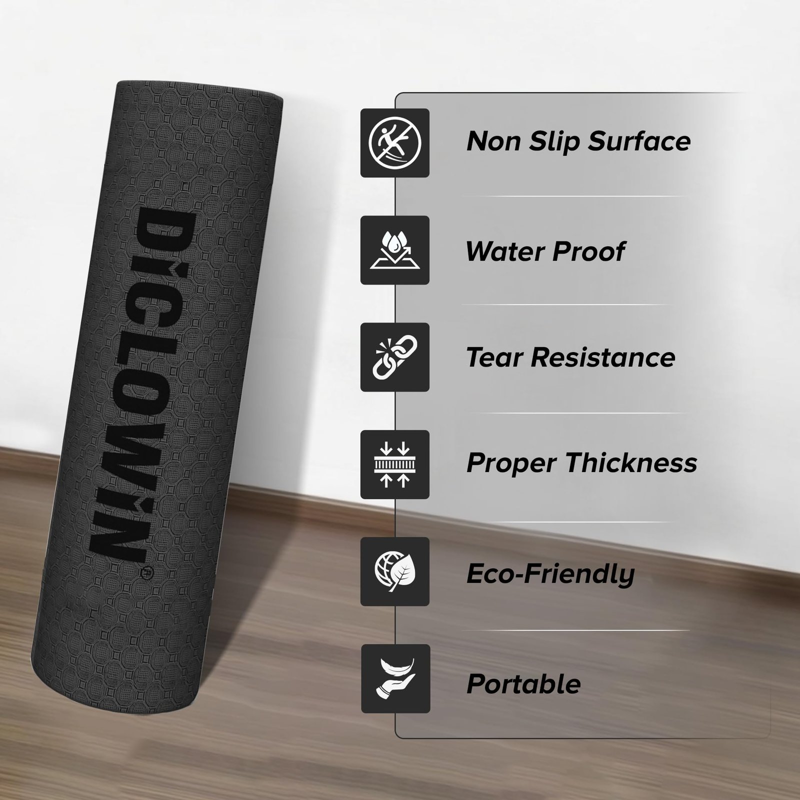 DiCLOWiN Yoga Mat | 6mm, Anti Slip, Extra Grip | Storage Strap Included | Exercise, Stretch, Rest & Yoga for Men, Women, Children, Elderly (Black)