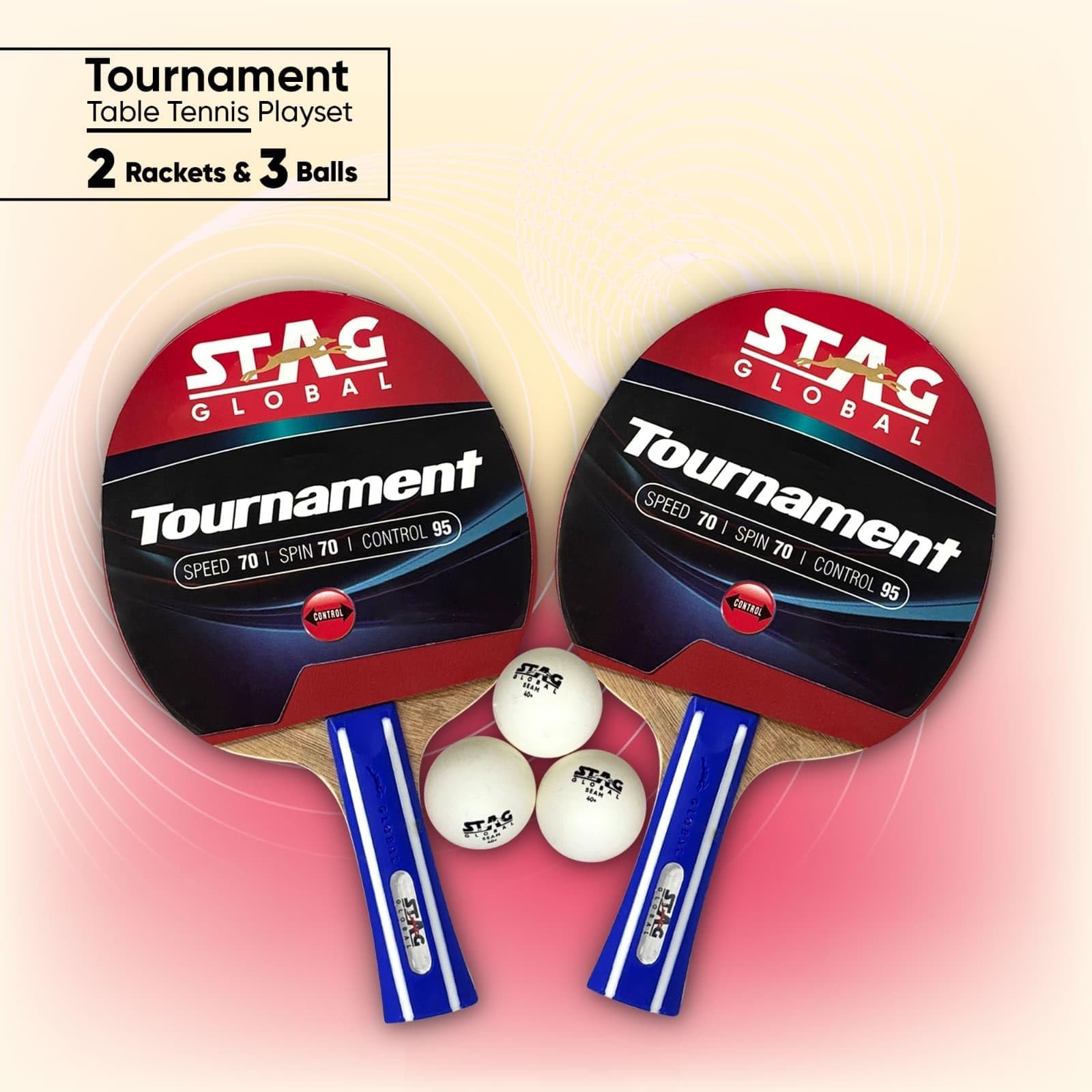 STAG GLOBAL Tournament Table Tennis Play Set | TTFI Approved | Speed 70, Spin 70, Control 95 | Flared Grip Racket Set for Hobby | Includes 2 Racquets, 3 Balls and Cover (Tournament PLAYSET)
