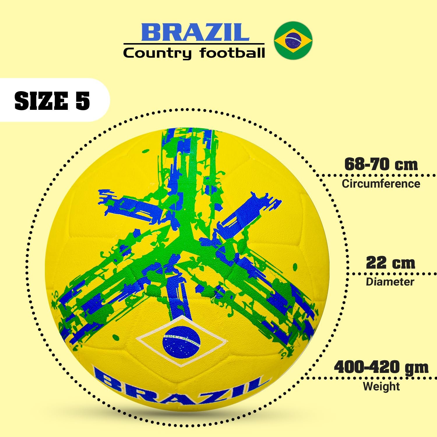 Synco Brazil Country Football Size 5, Rubber Molded Soccer Ball for Training & Practice, Durable Football for Beginners, Indoor Outdoor & All Surface Play