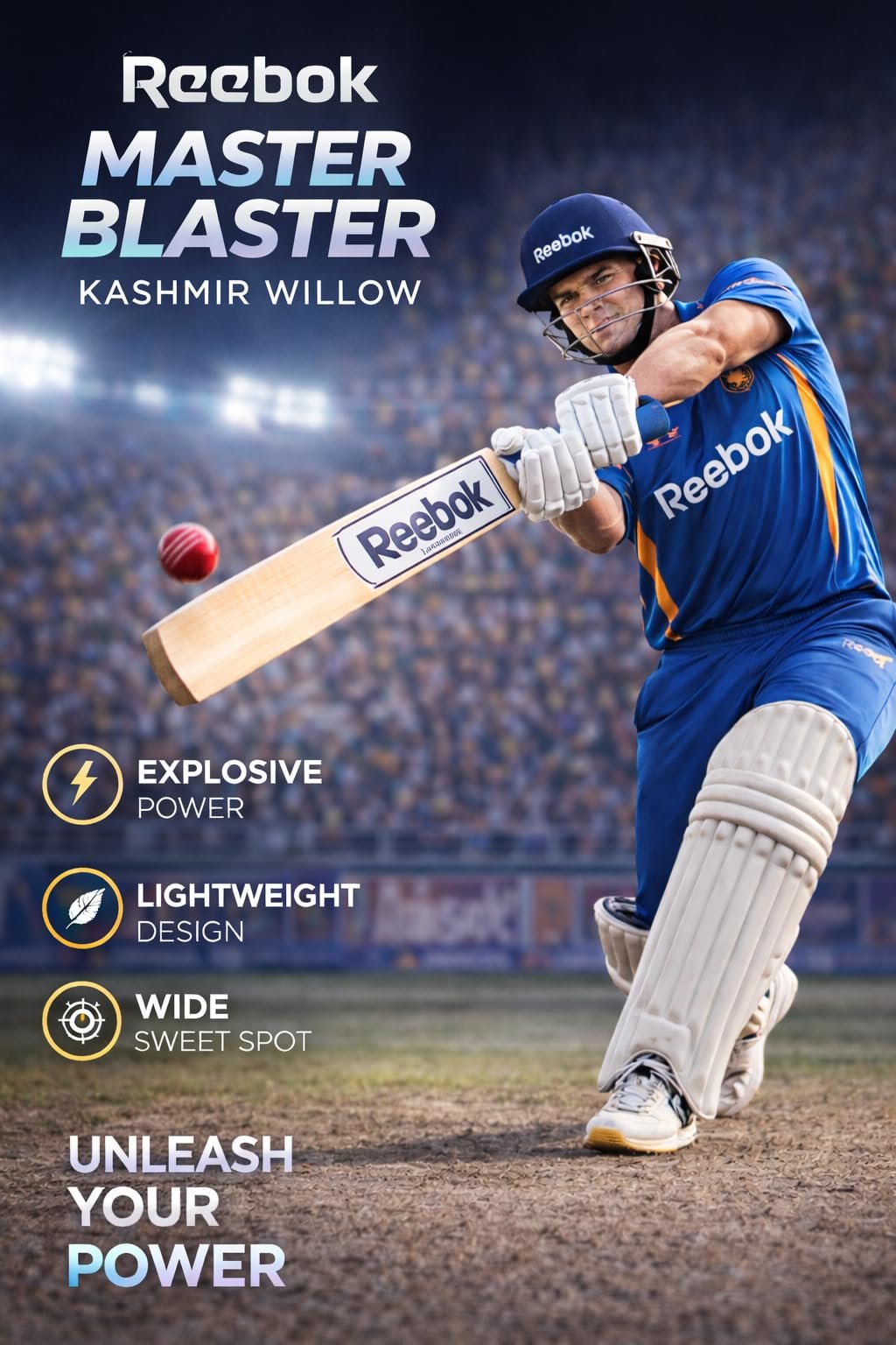 REEBOK Master Blaster (, Leather Ball Play) Kashmir Willow Cricket Bat for 15+ Yrs (1120 g) Bat Grip and Sticker May Vary Based on Availability