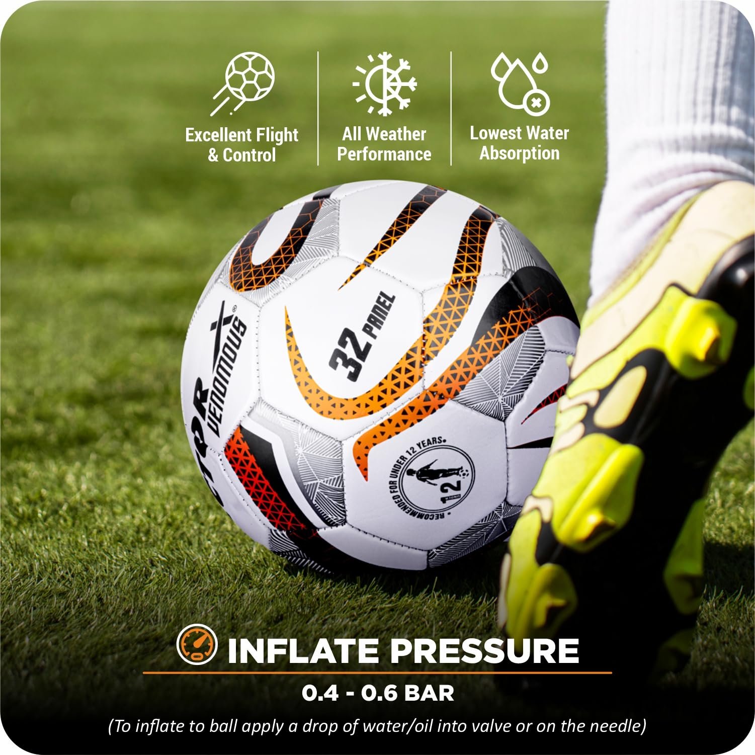 Vector X Venomous PVC Machine Stitched Indoor/Outdoor Water-Resistant Football + Pump with Butyl Bladder, White-Orange, Size 5, Suitable for Match and Training for Adults 15+ Years