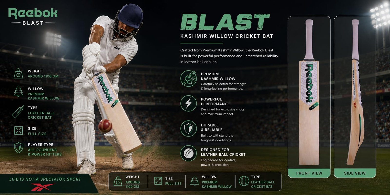 REEBOK Blast (Playing Style- Leather Ball) Full Size Kashmir Willow Cricket Bat for 15+ Yrs (1100-1120 g) Bat Grip and Sticker May Vary Based on Availability