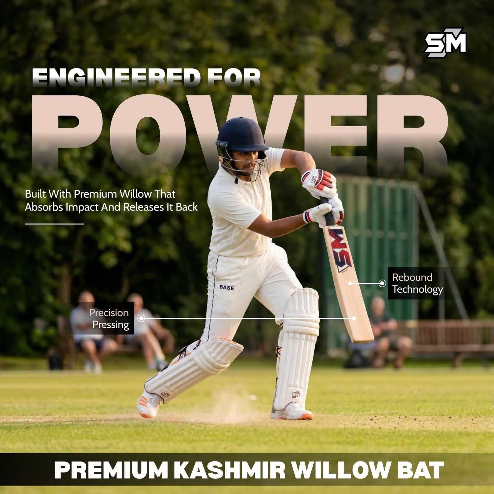 SM Prime Kashmir Willow Cricket Bat | Premium Grade Willow | Wooden Cricket Bat | Massive Profile | Super Thick Edges | Rebound Technology | Advanced Club & Academy Cricket Bat | Size SH