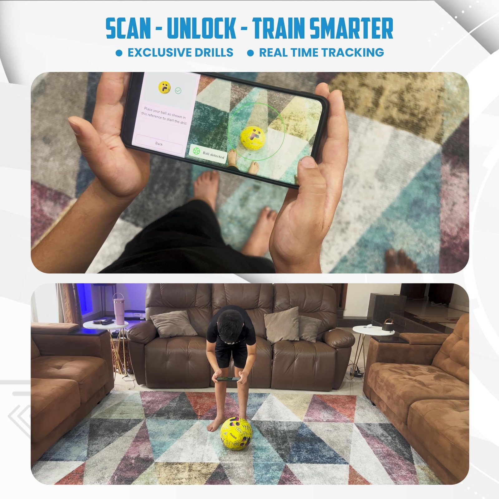 FLICKIT Football Size 3 with AI Training App Compatible | Premium PU 32 Panel Stitched Football | Match Ball for Kids (Ages 5+) Indoor Outdoor Grass & Turf Play | Yellow