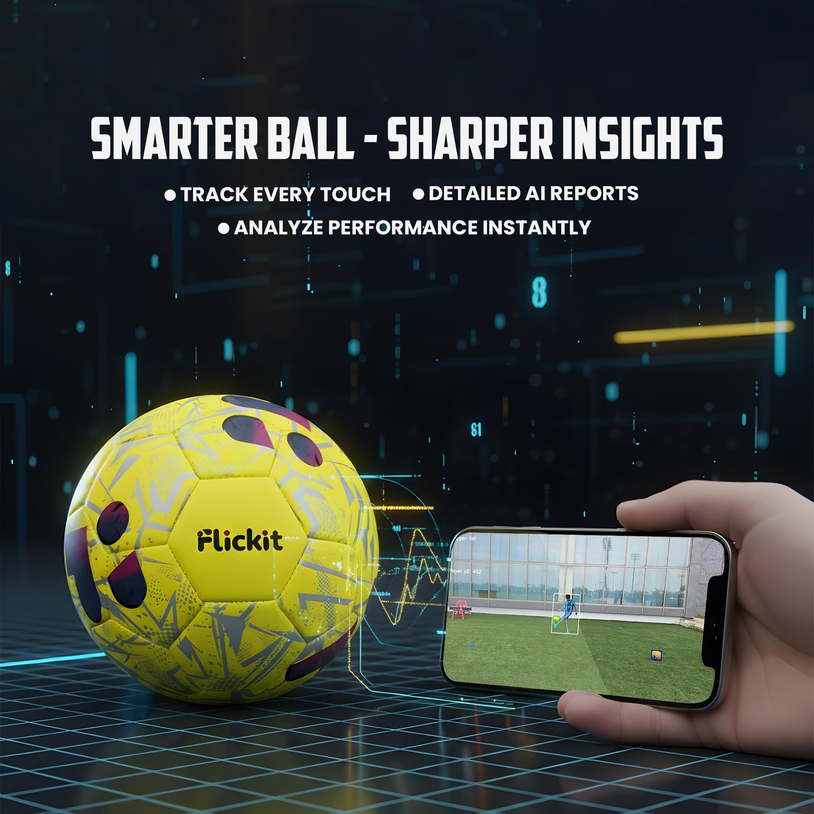 FLICKIT Football Size 3 with AI Training App Compatible | Premium PU 32 Panel Stitched Football | Match Ball for Kids (Ages 5+) Indoor Outdoor Grass & Turf Play | Yellow