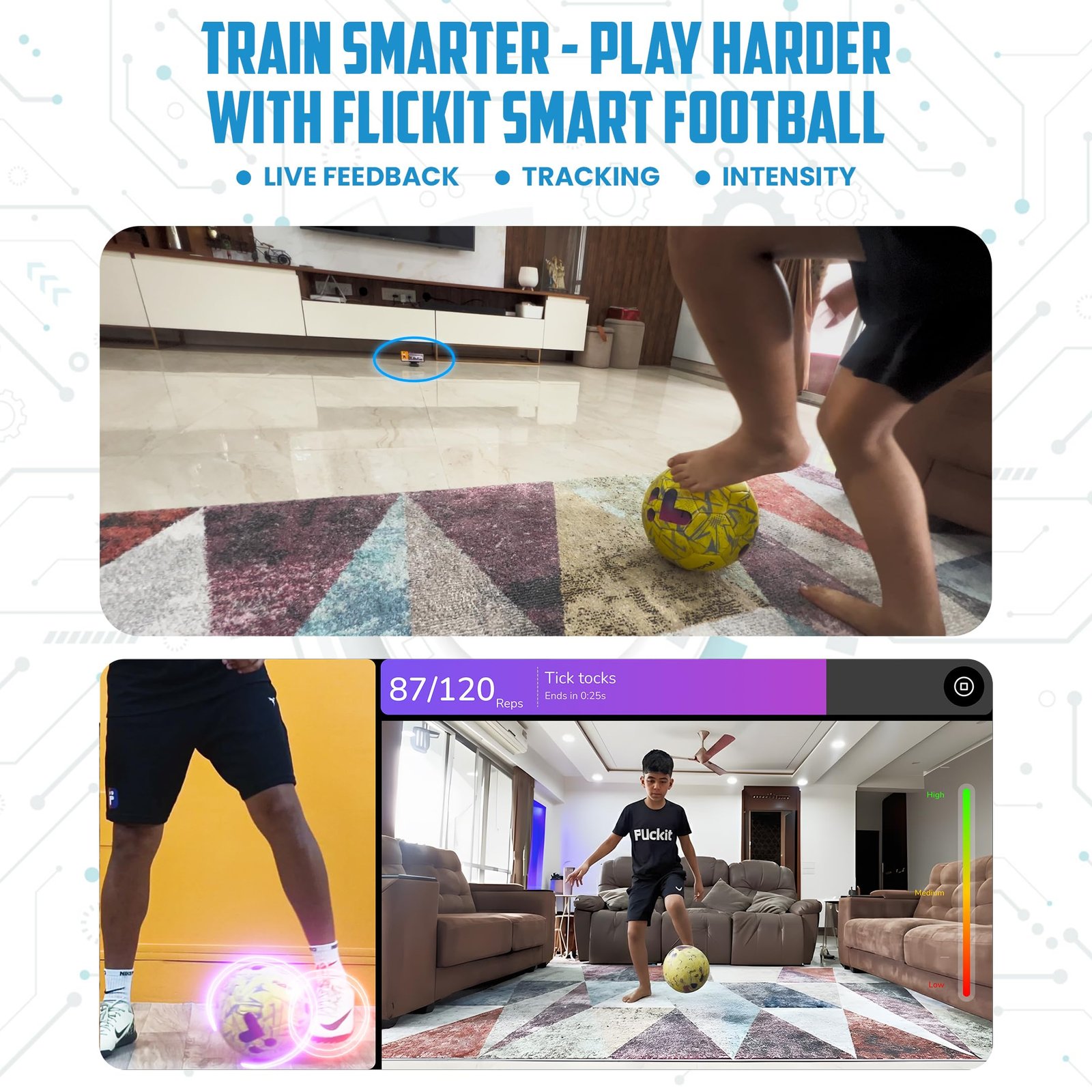 FLICKIT Football Size 3 with AI Training App Compatible | Premium PU 32 Panel Stitched Football | Match Ball for Kids (Ages 5+) Indoor Outdoor Grass & Turf Play | Yellow