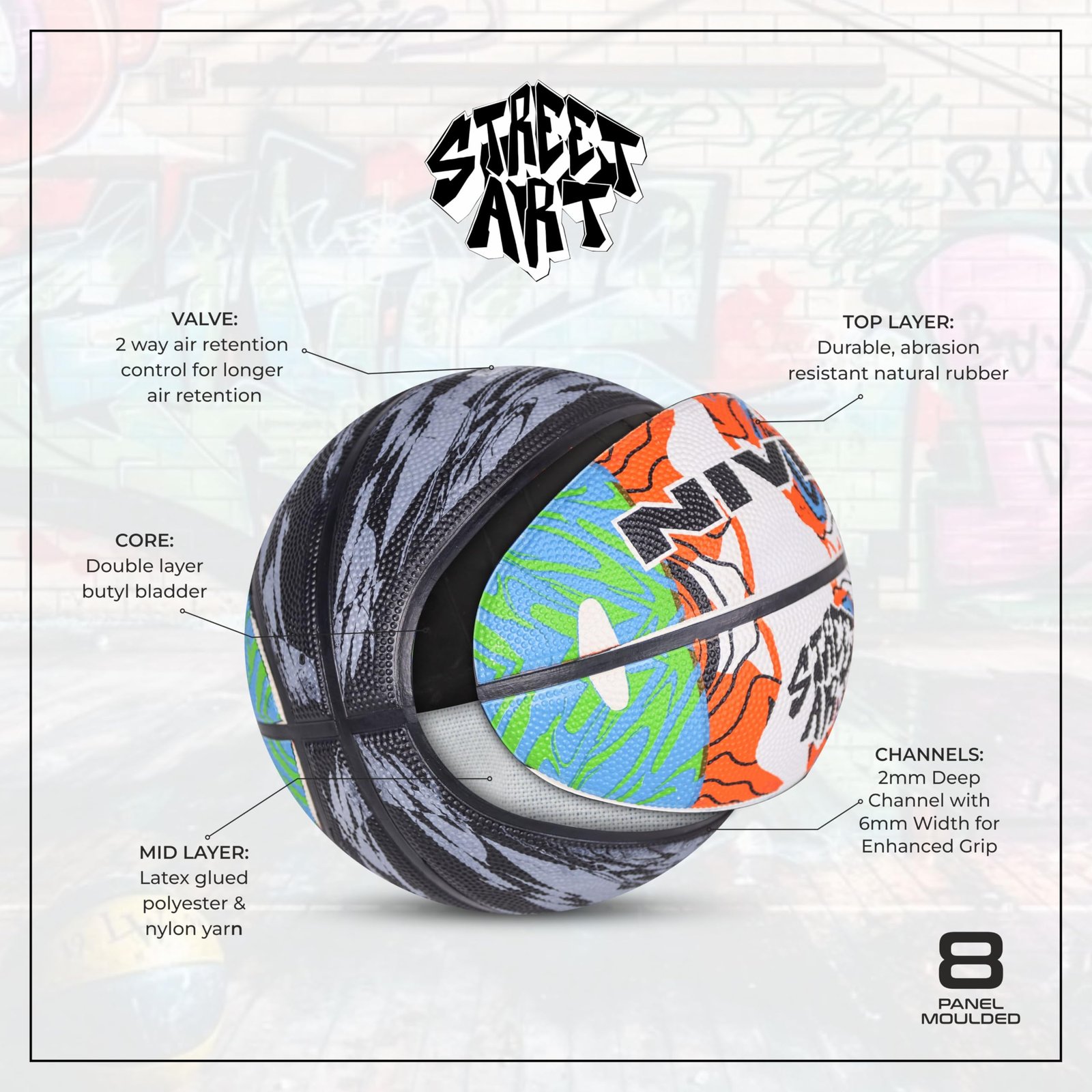 NIVIA Street Art Basketball, As per Basic Standard, 8 Panels, Molded Durable Rubber, Butyl Threadwounded Bladder, Made for Beginners, to Play on All Indoor & Outdoor Surfaces