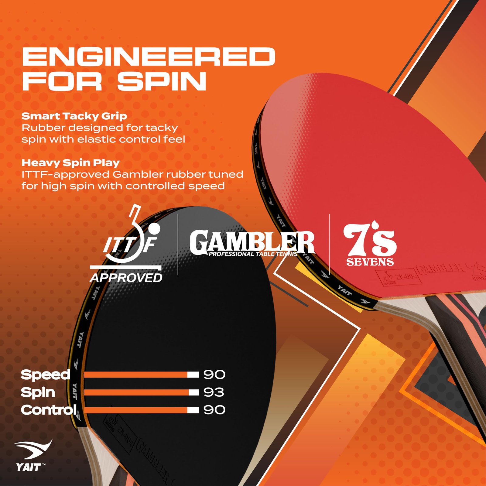 YAIT Rally Pro ITTF Approved Table Tennis Racquet | Gambler 7S Rubber | 7 Ply Blade | High Spin | 2.1mm Sponge | TT Paddle with Cover | Ping Pong Bat Racquet for Indoor/Outdoor| for Intermediate Level