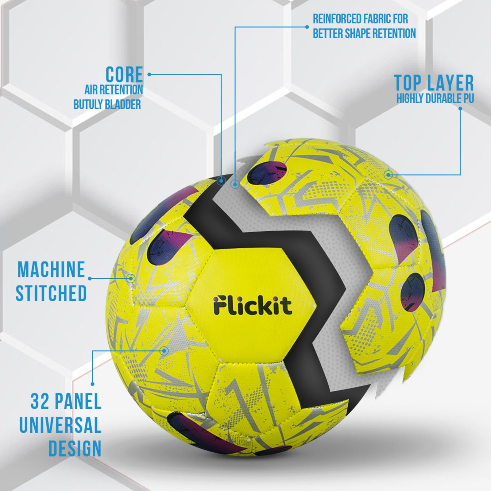 FLICKIT Football Size 3 with AI Training App Compatible | Premium PU 32 Panel Stitched Football | Match Ball for Kids (Ages 5+) Indoor Outdoor Grass & Turf Play | Yellow