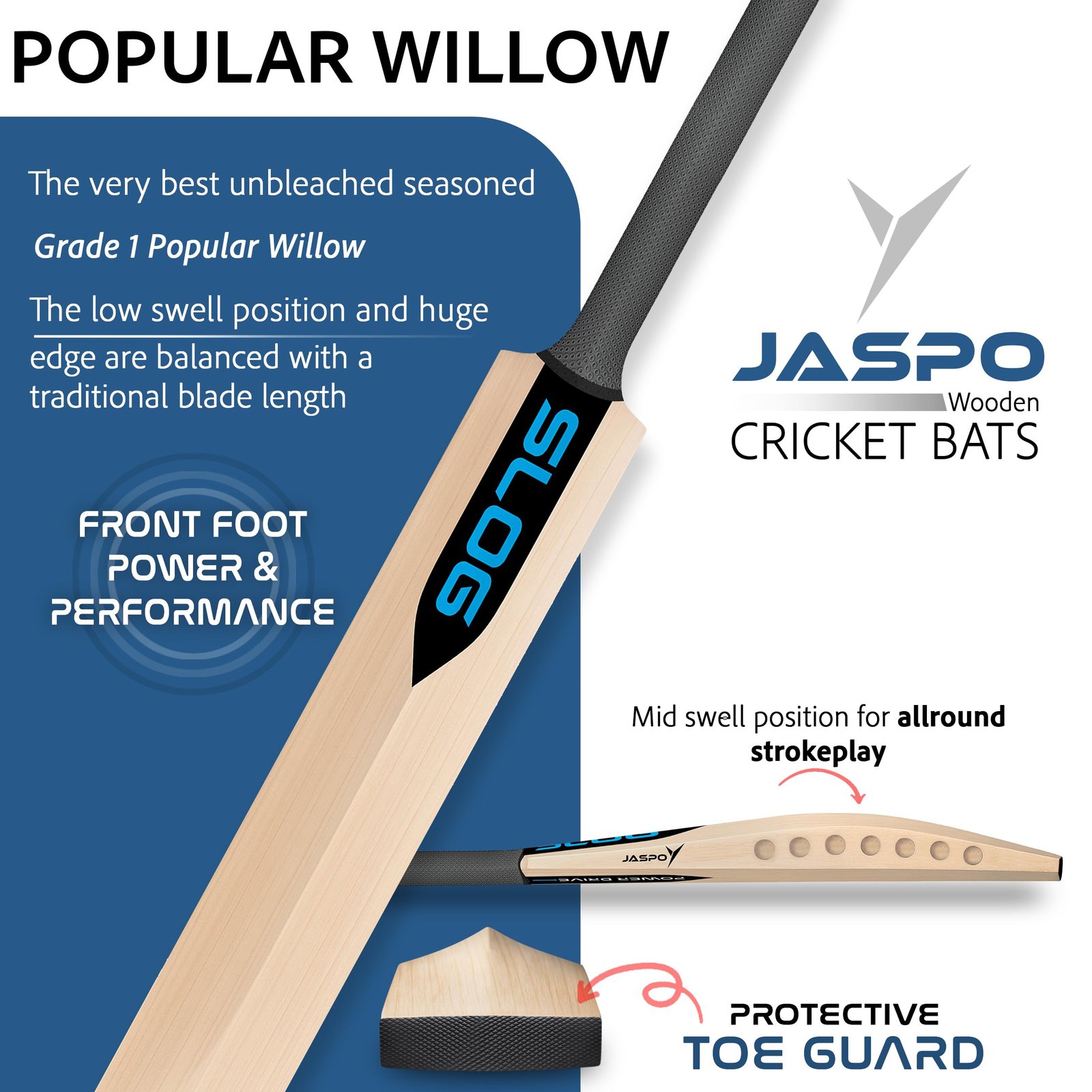 Jaspo Slog Power Drive Tennis-Wind Ball Cricket Bat Full Size, Poplar Willow Blade, Handle-Lightweight 1000-1050g, Shock-Absorbable Design | Toe Guard | Ideal for Indoor/Outdoor, Gully & Box Cricket