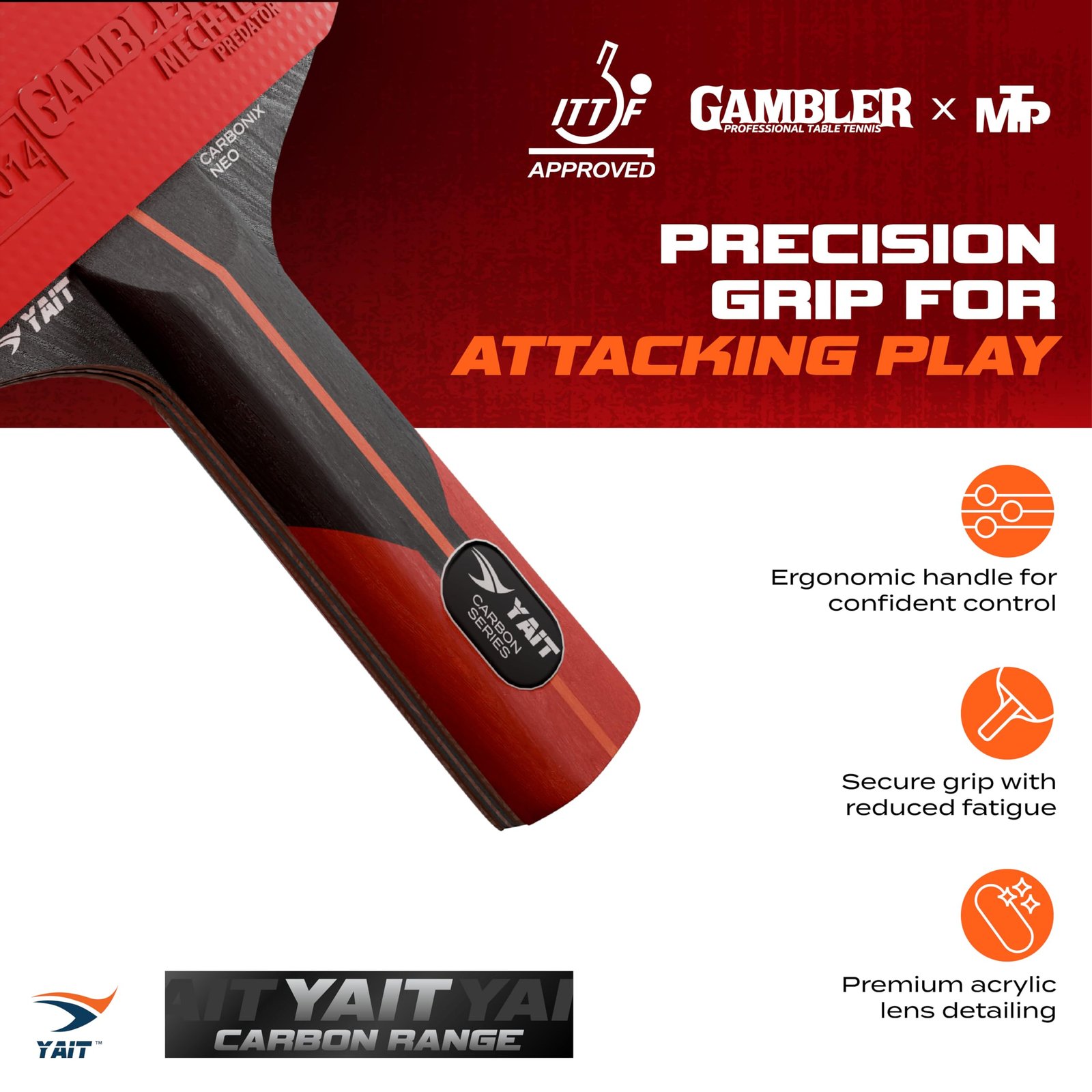 YAIT Carbonix Neo Professional Table Tennis Racquet | ITTF Approved Gambler MECH-TEK Rubber | 7 Layer Blade with 1K Real Carbon | Basswood & Kiri Wood | High Spin & Speed Fast Attack TT Racquet
